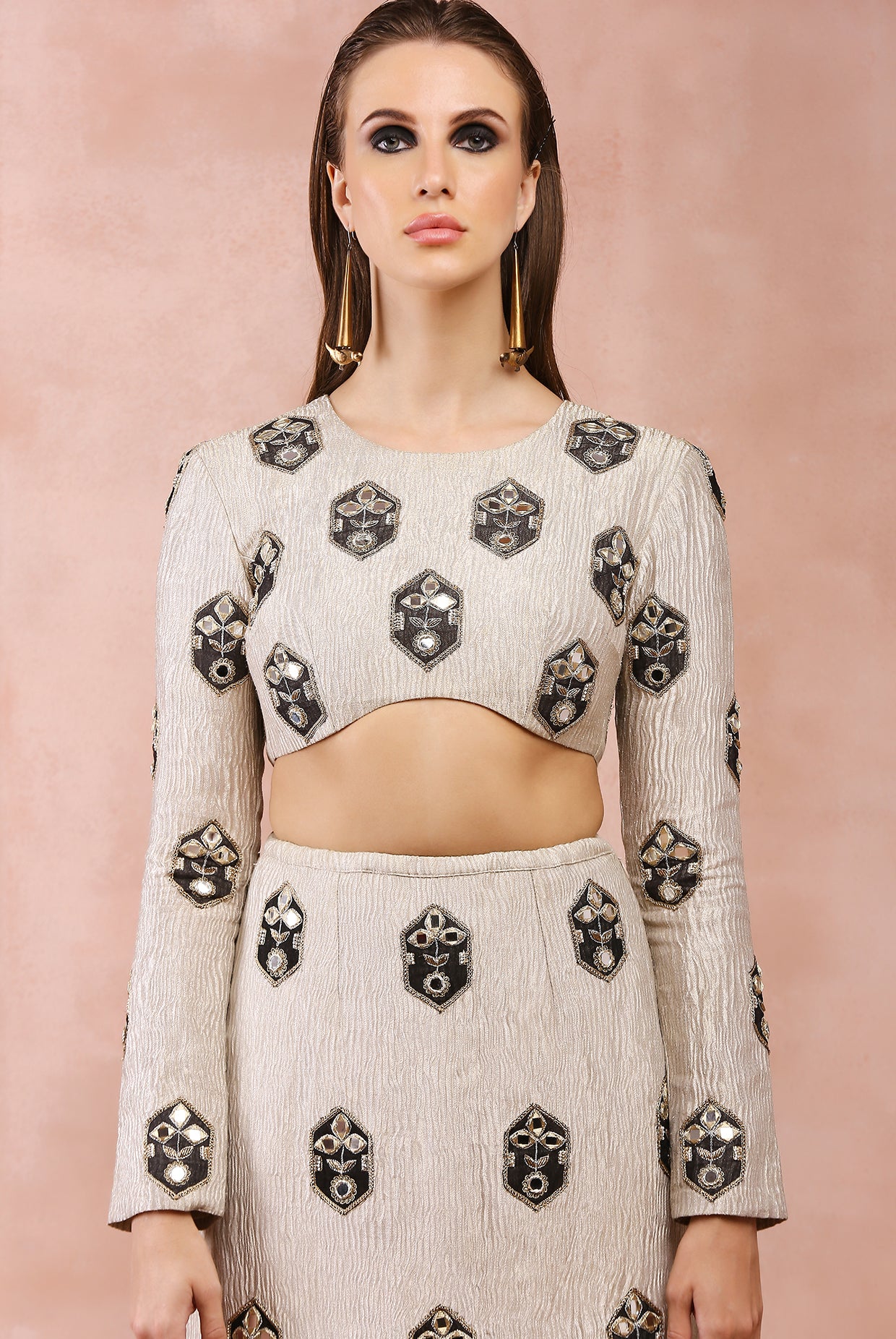Crushed Dull Gold Embroidered Choli And Skirt With Applique And Zardosi Work