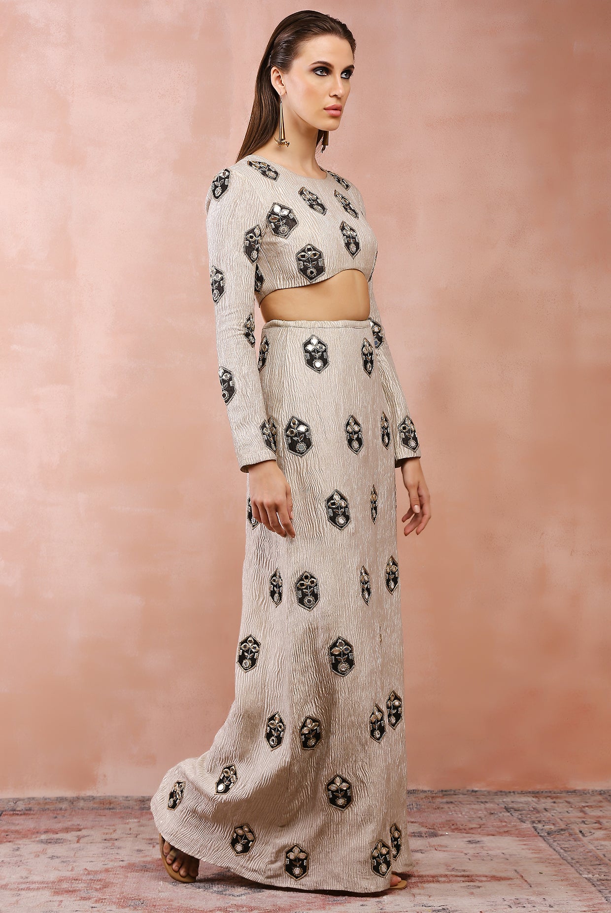 Crushed Dull Gold Embroidered Choli And Skirt With Applique And Zardosi Work