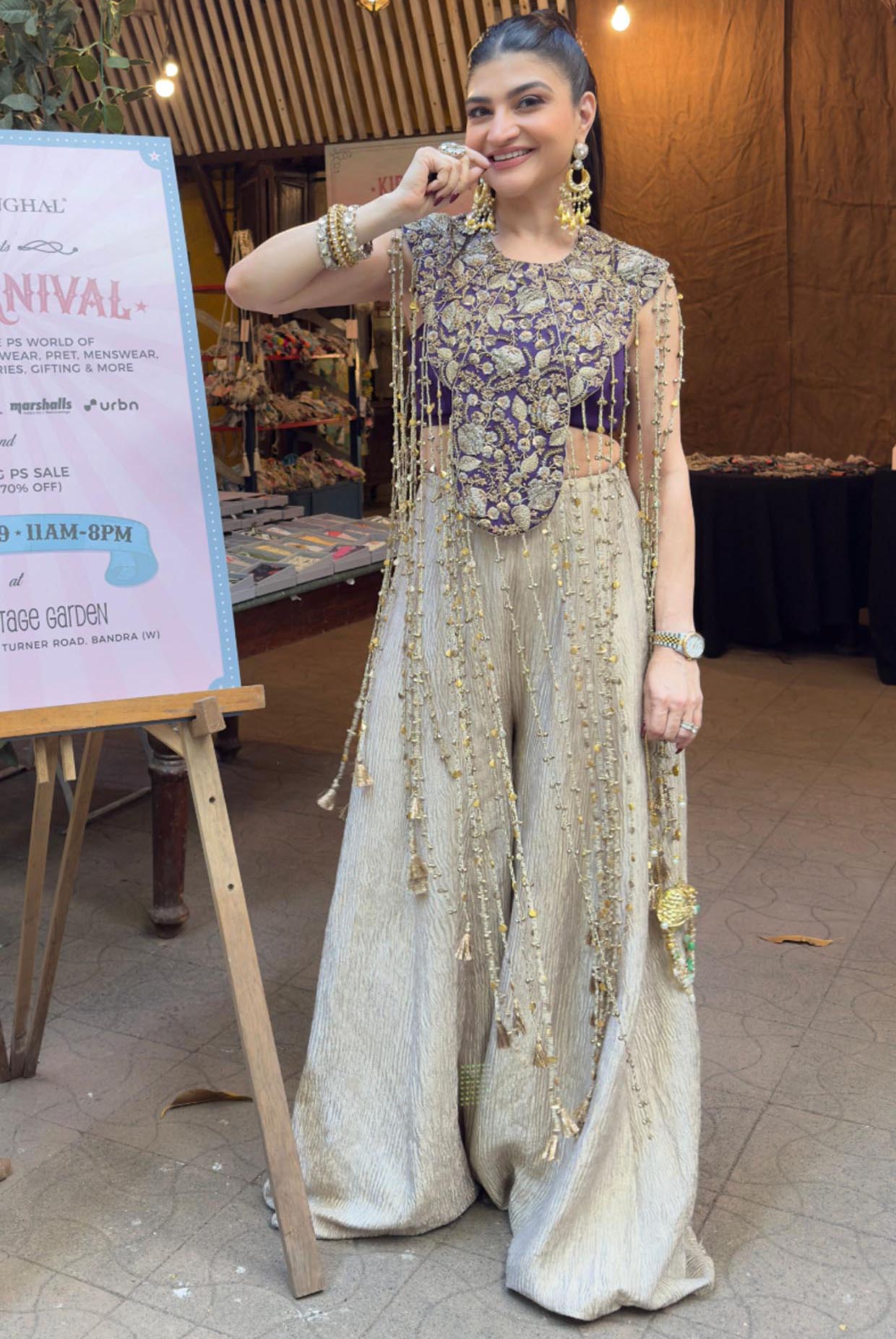 Purple Georgette Embroidered Bib Yoke With Bustier And Gold Crush Tissue Sharara
