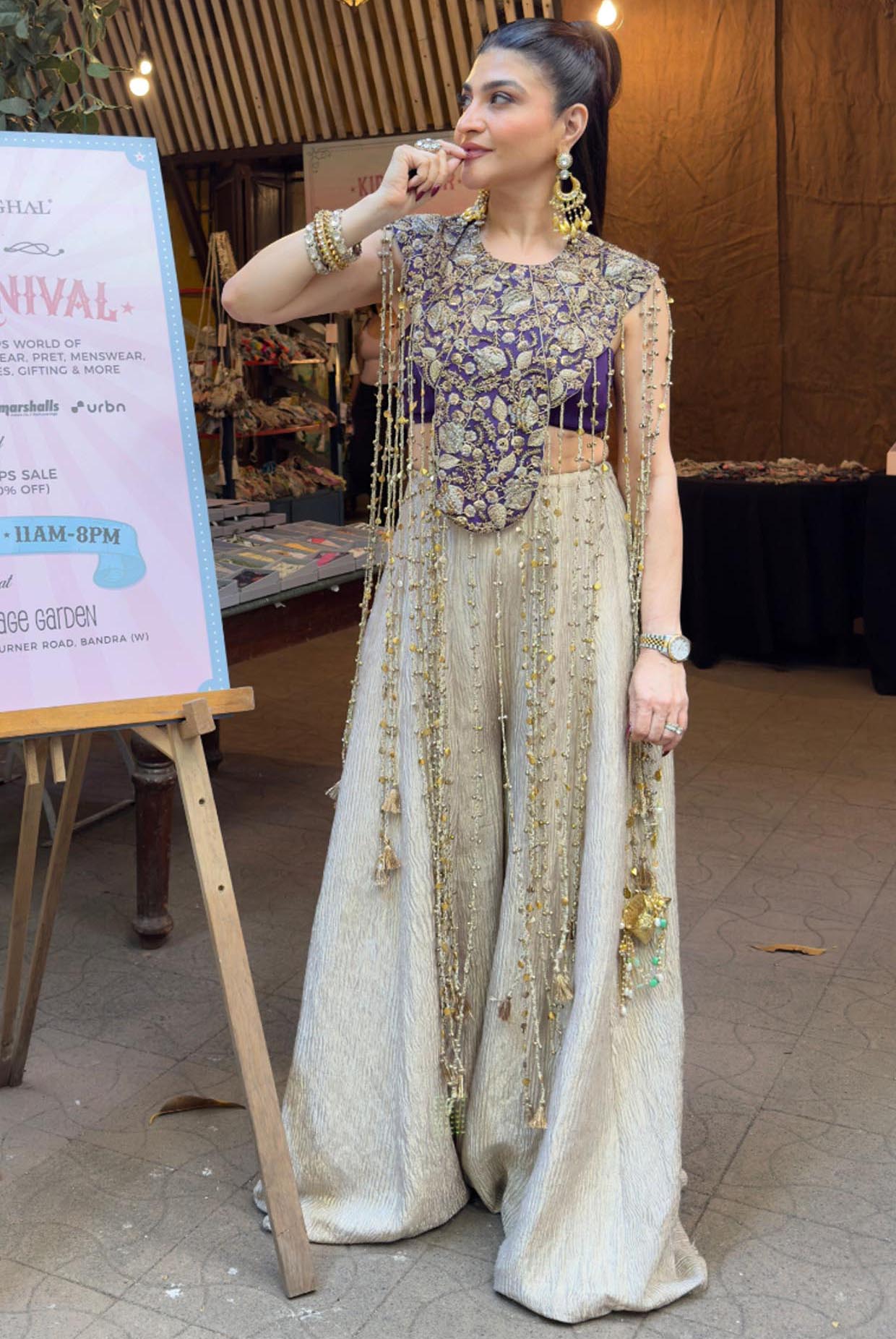 Purple Georgette Embroidered Bib Yoke With Bustier And Gold Crush Tissue Sharara