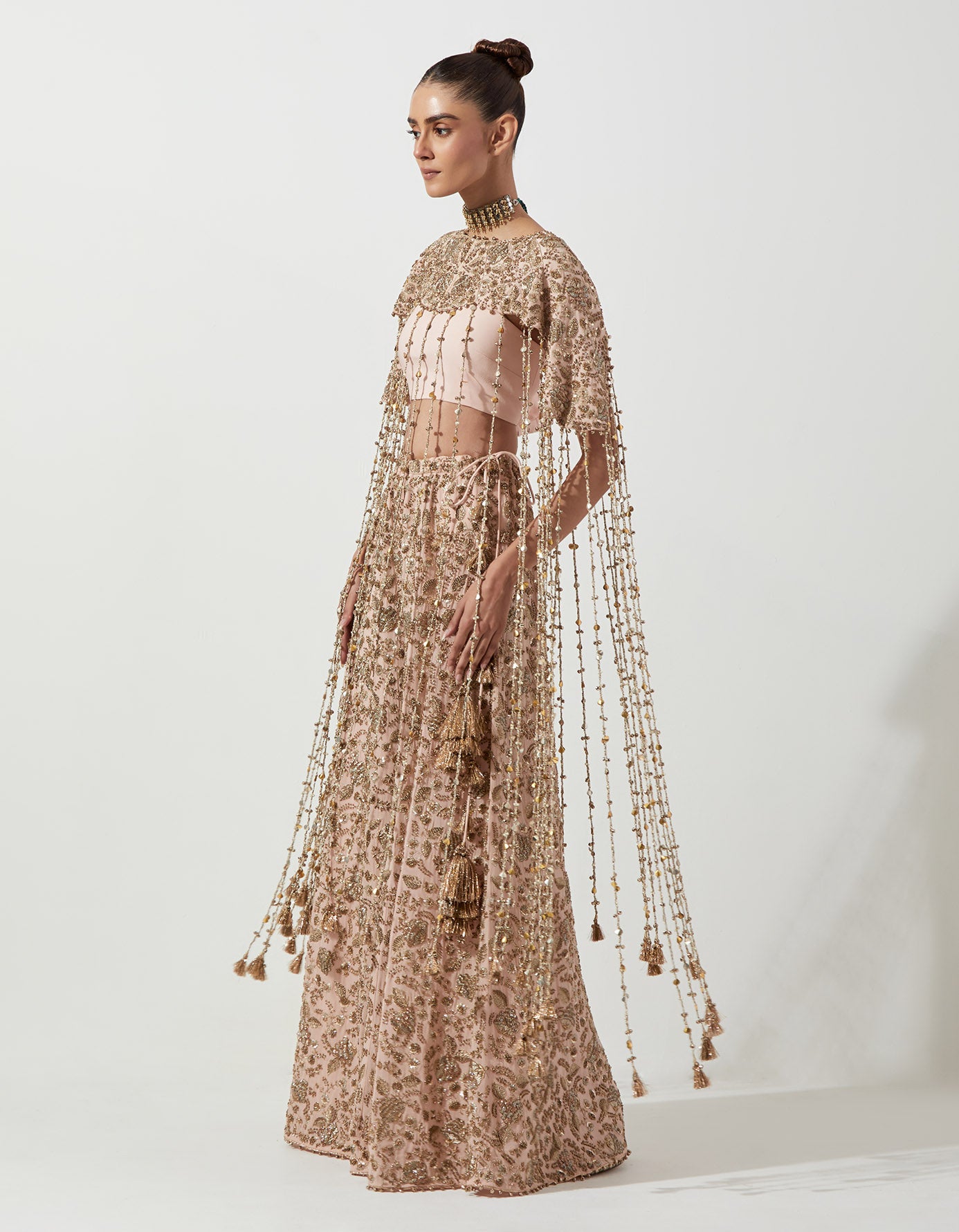 Blush Pink Embroidered Bib With Bustier And Sharara