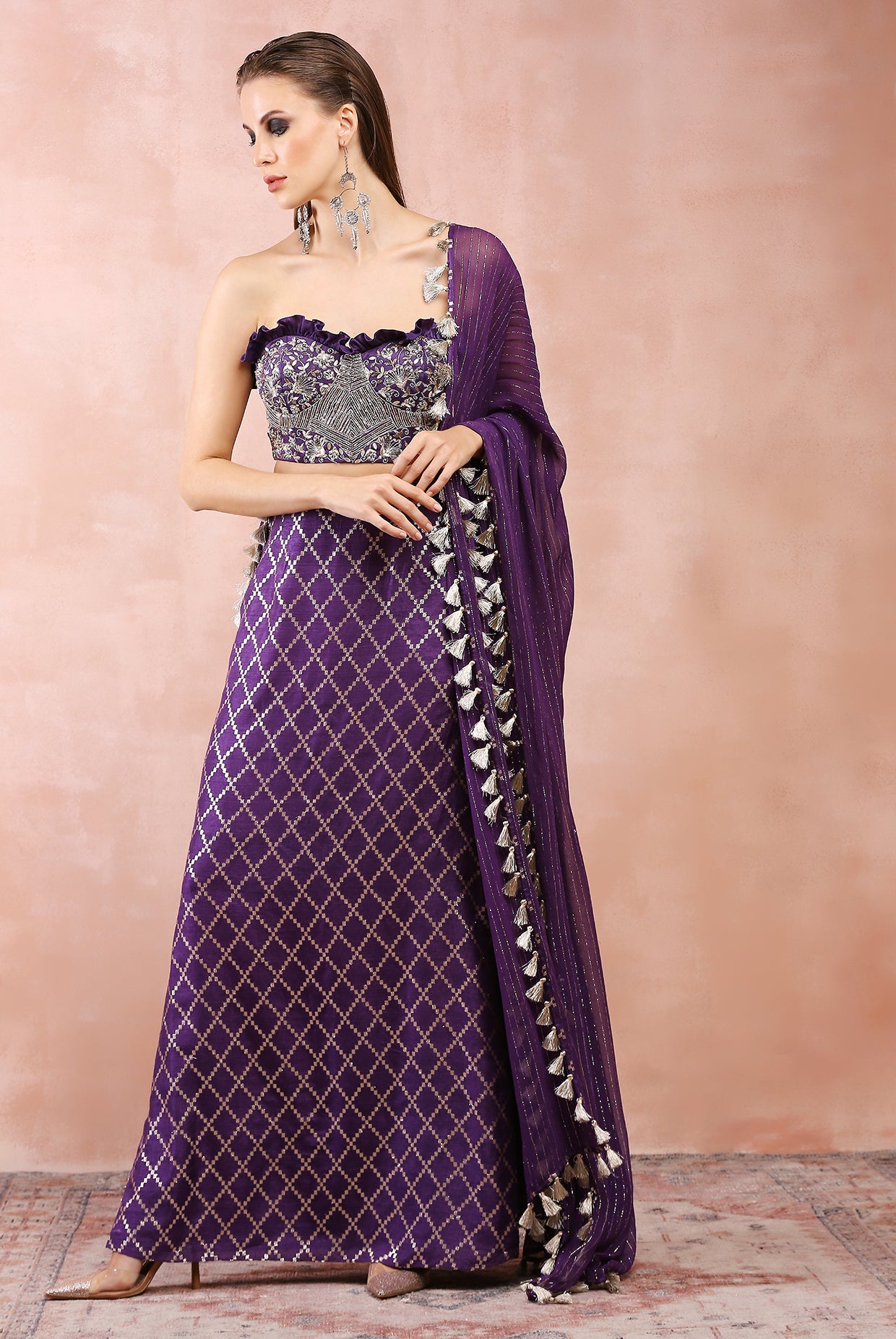 Purple Embroidered Corset Bustier With Skirt And Dupatta