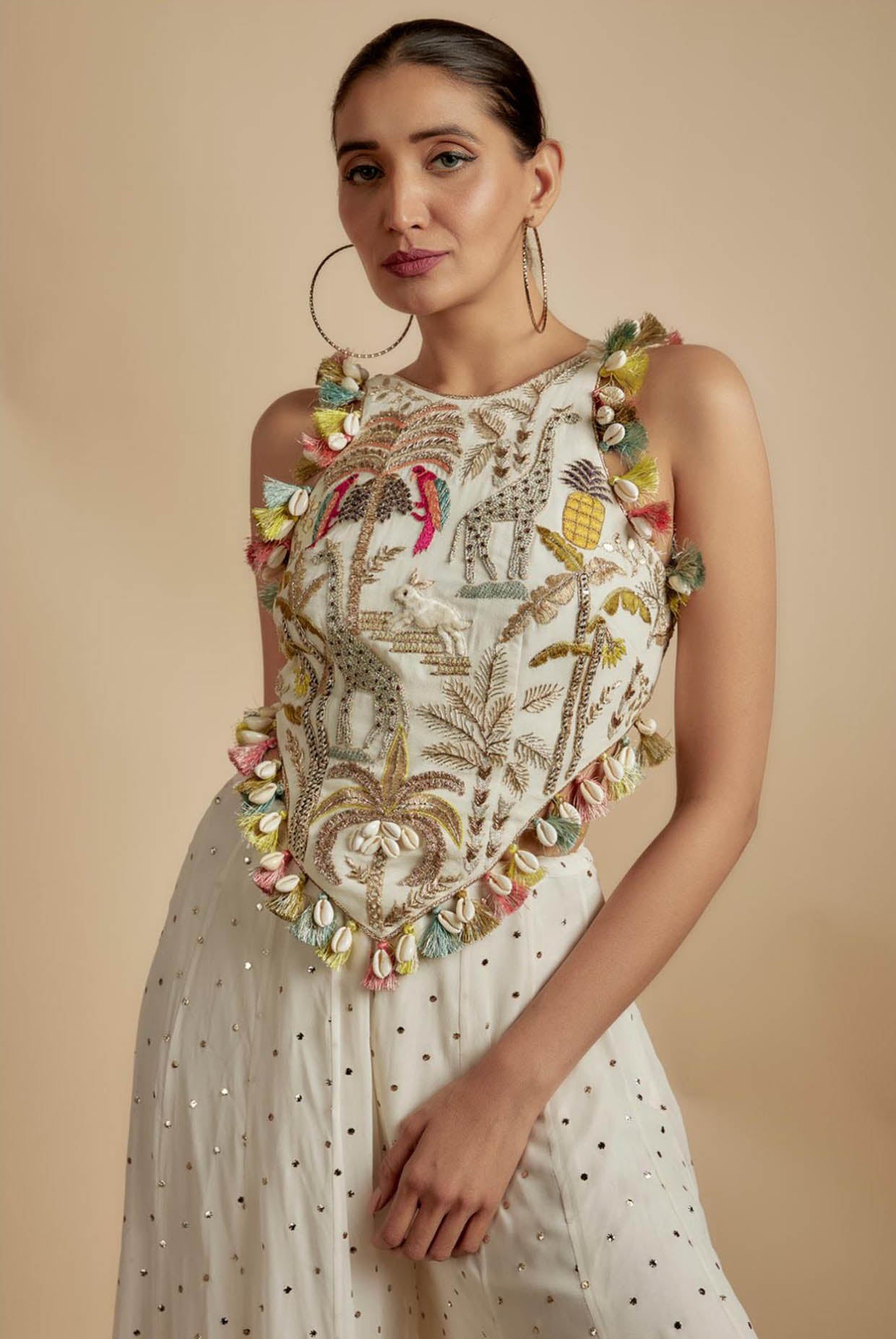 Ivory Embroidered Back Tie-Up Choli With Sharara