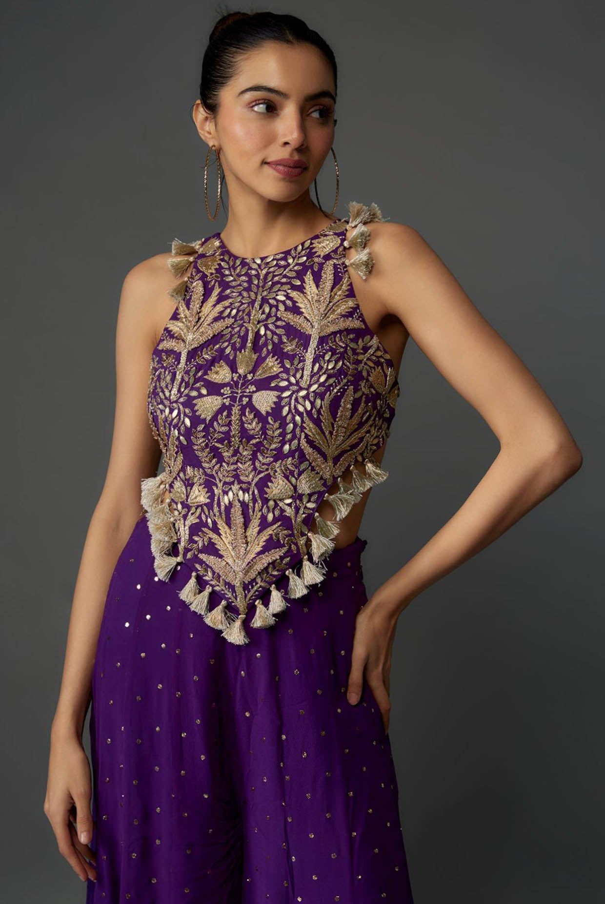 Purple Embroidered Back Tie-Up Choli With Sharara