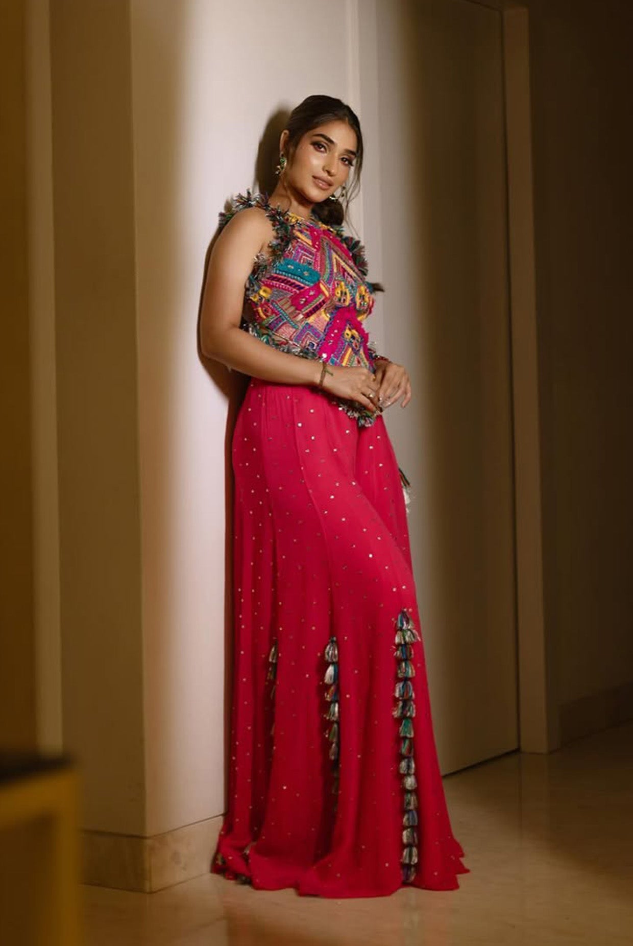 Hot Pink Georgette Embroidered Choli With Sharara