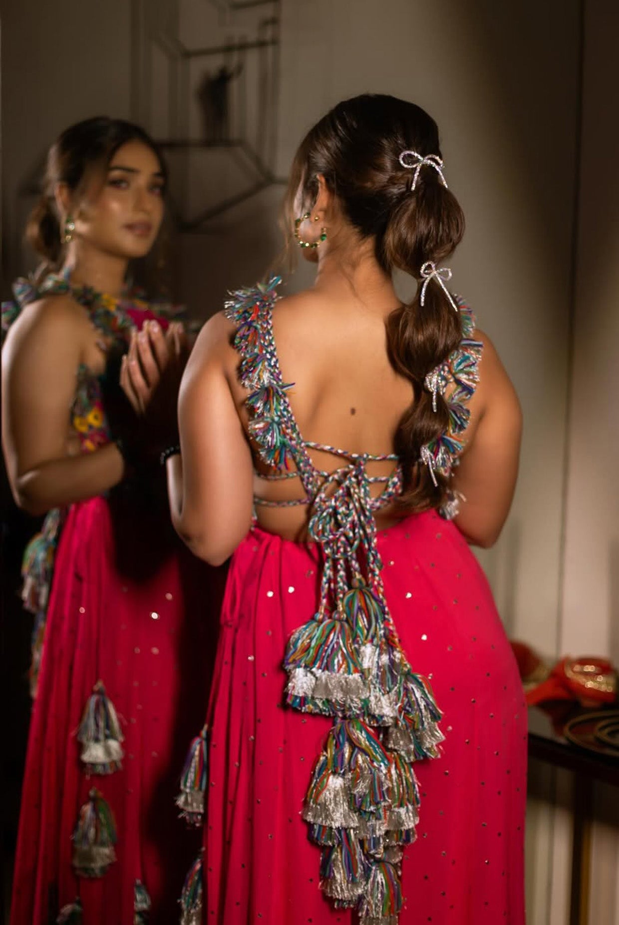 Hot Pink Georgette Embroidered Choli With Sharara