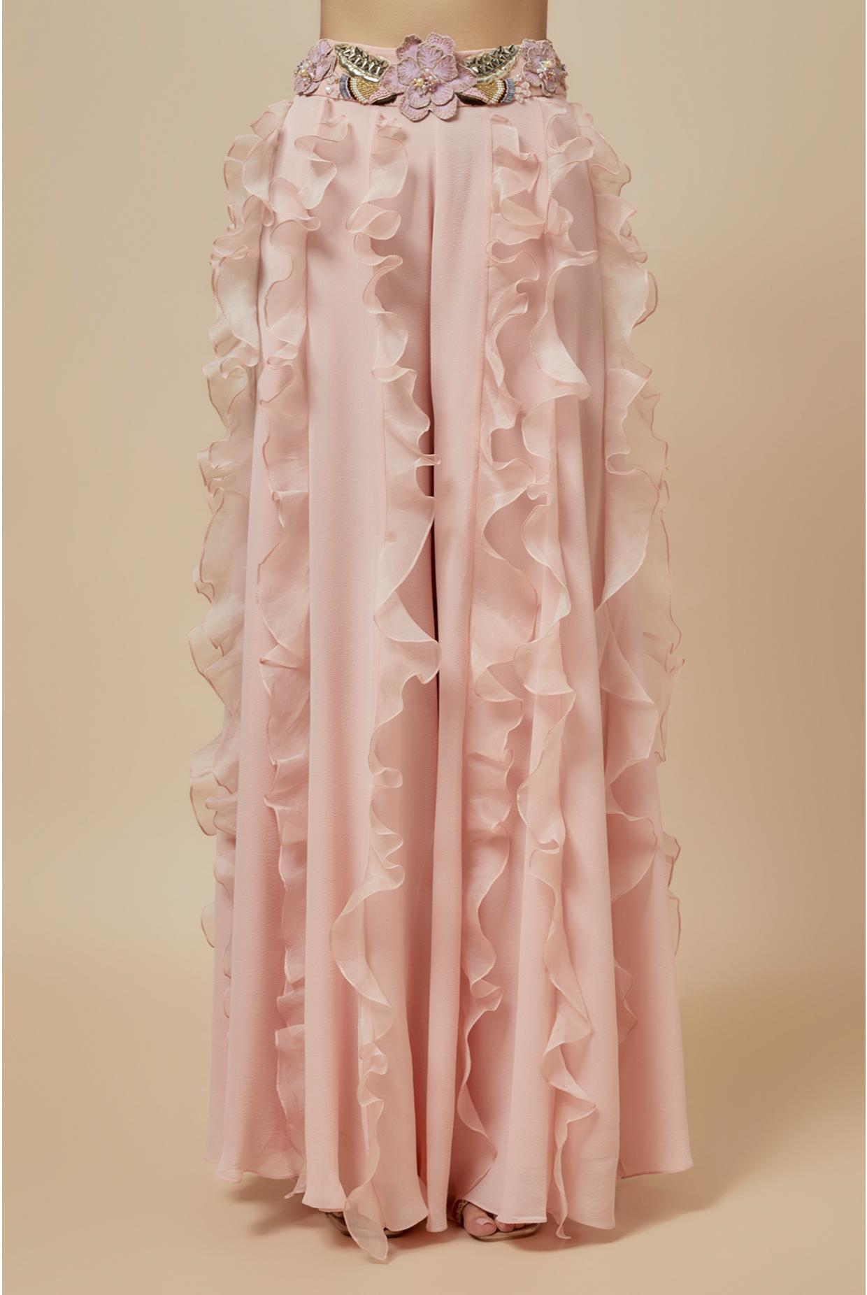 Rose Pink Embroidered Back Tie-Up Choli With Ruffled Sharara