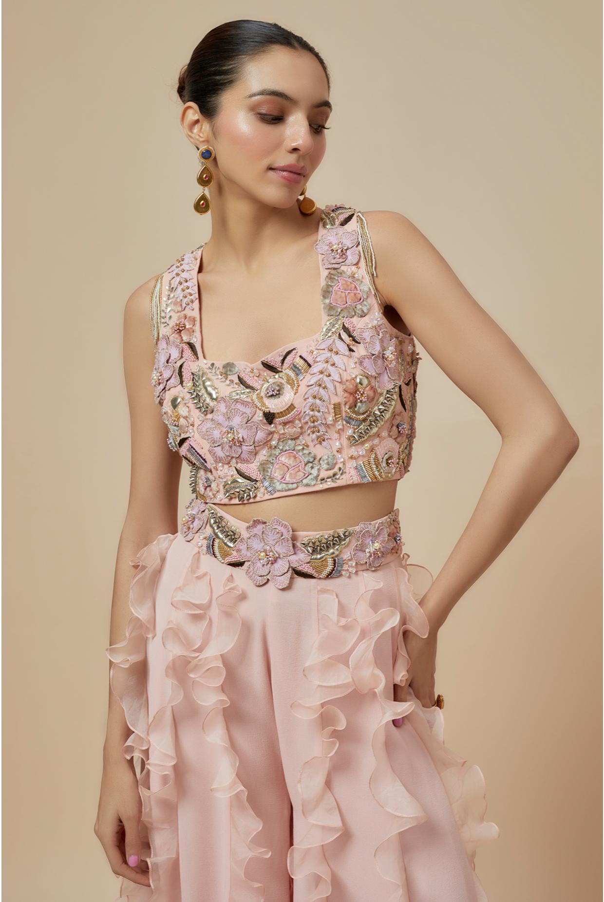 Rose Pink Embroidered Back Tie-Up Choli With Ruffled Sharara