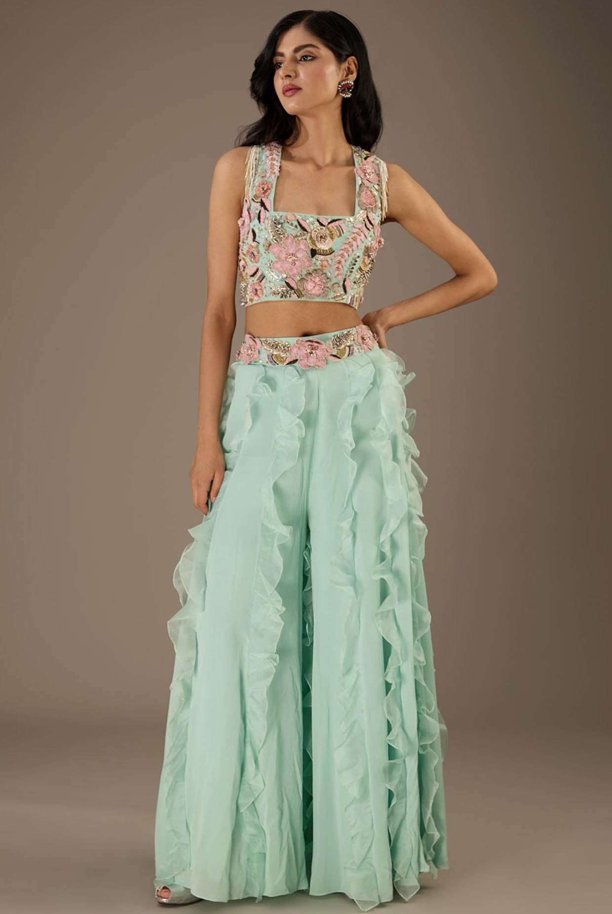 Aqua Embroidered Back Tie-Up Choli And Embroidered Belt Ruffled Sharara