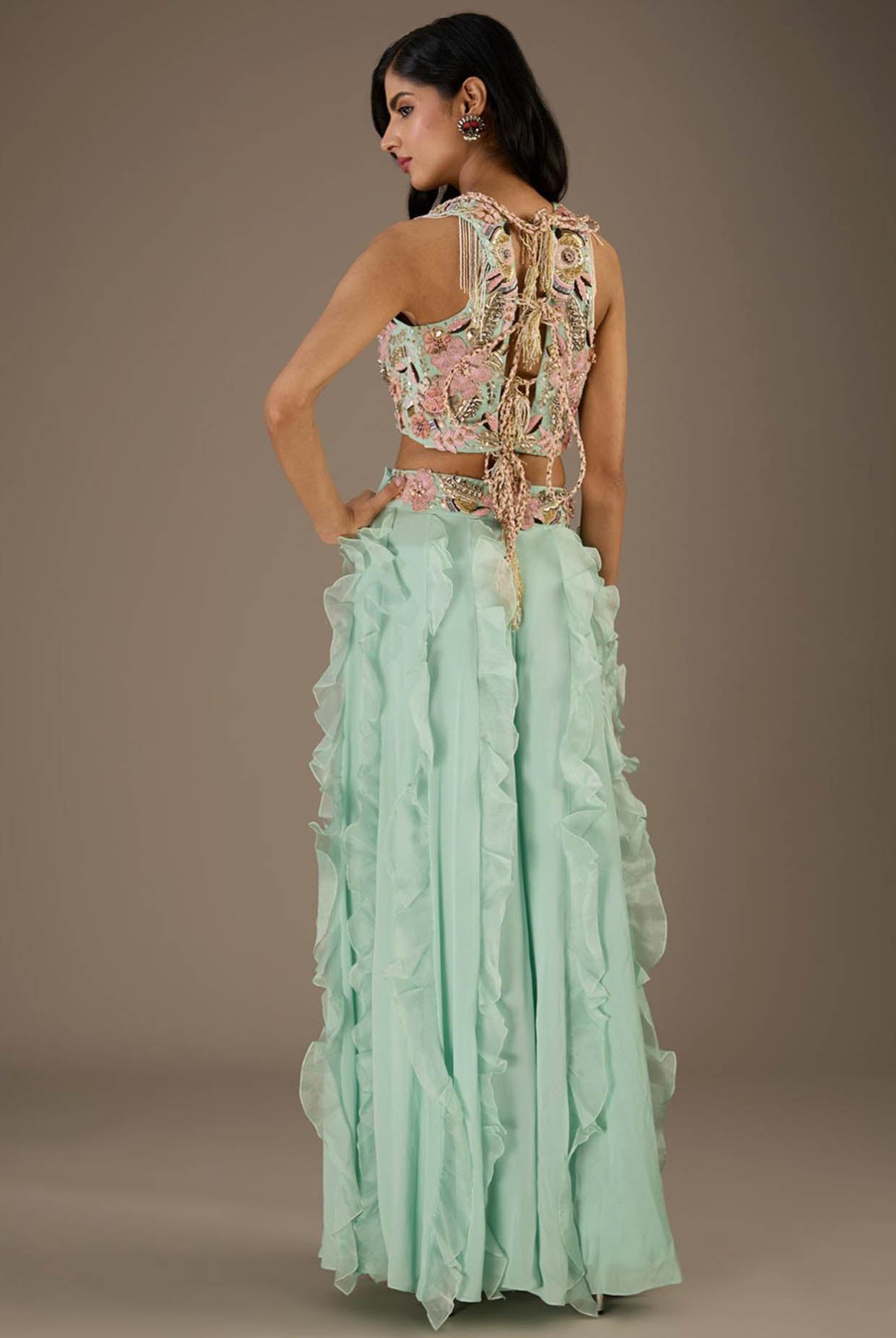 Aqua Embroidered Back Tie-Up Choli And Embroidered Belt Ruffled Sharara