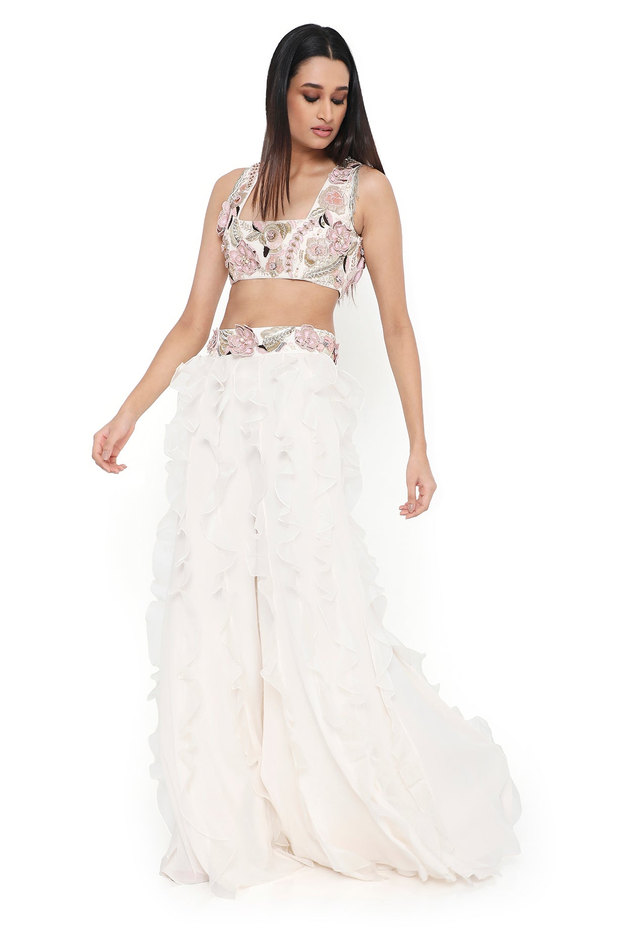 Fabiana Off White Embroidered Choli With Tie Up Back And Sharara With Ruffles