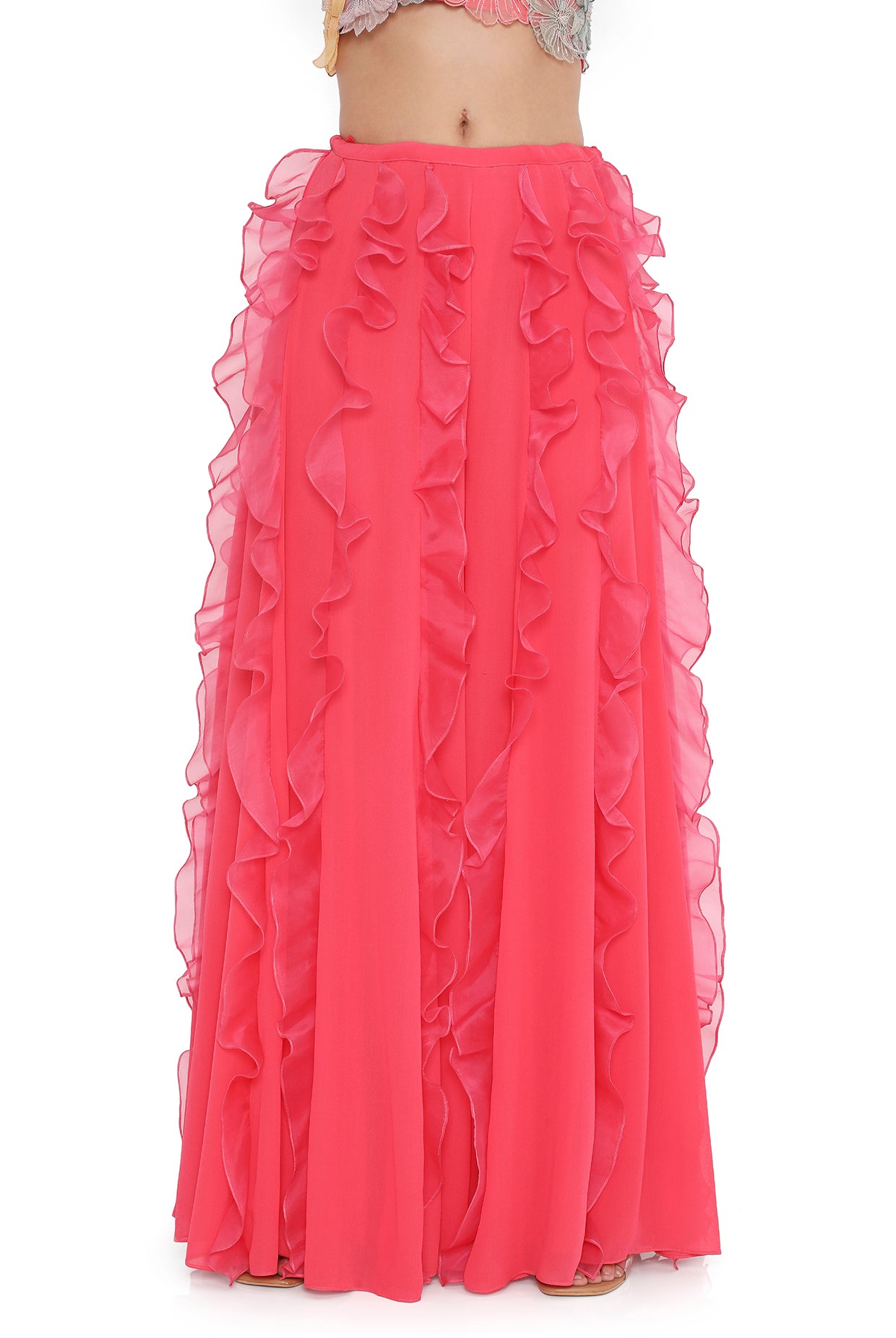 Hot Pink Embroidered Choli With Ruffled Sharara