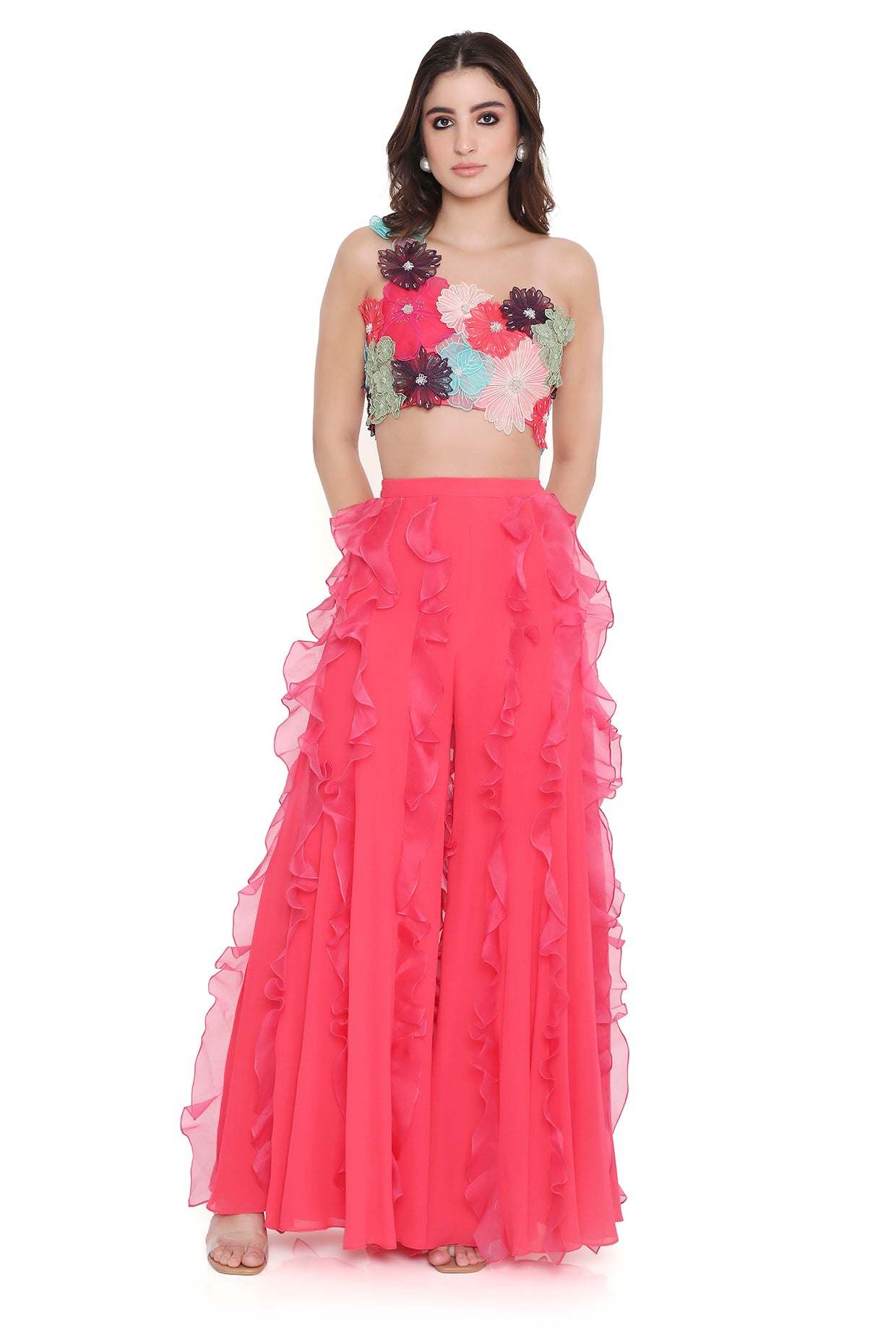 Rosetta Coral 3D Floral Embroidered One Shoulder Choli And Coral Sharara With Hot Pink Ruffles