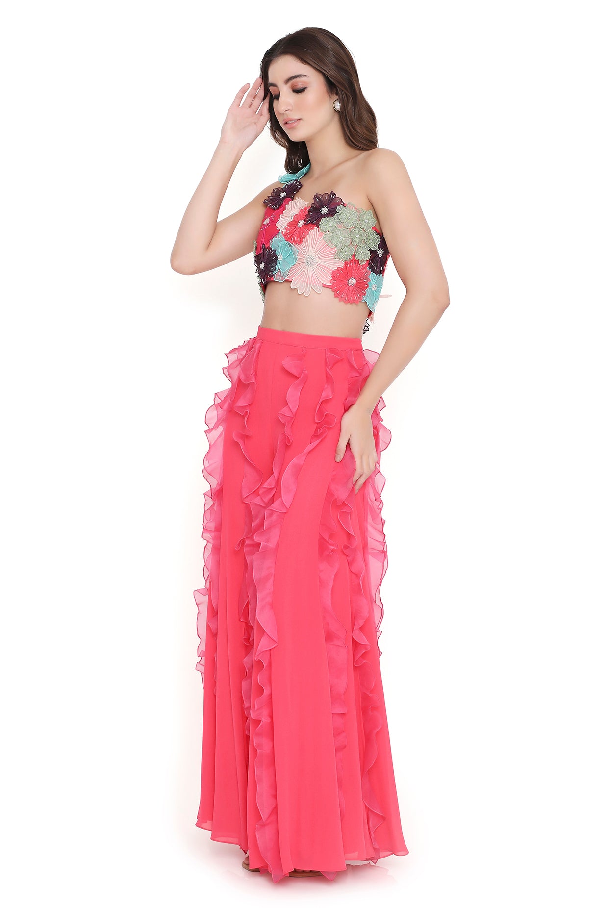 Rosetta Coral 3D Floral Embroidered One Shoulder Choli And Coral Sharara With Hot Pink Ruffles