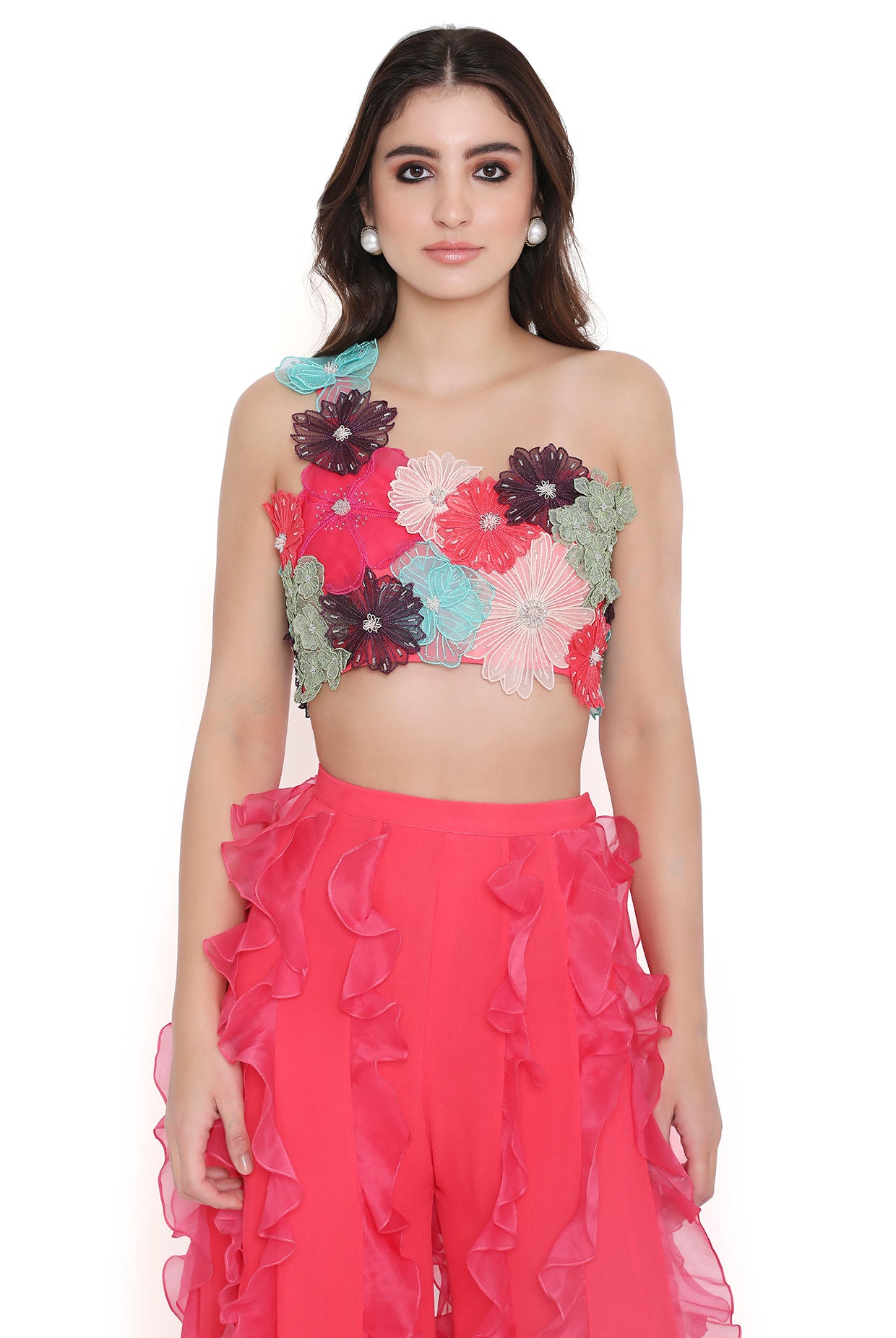 Rosetta Coral 3D Floral Embroidered One Shoulder Choli And Coral Sharara With Hot Pink Ruffles