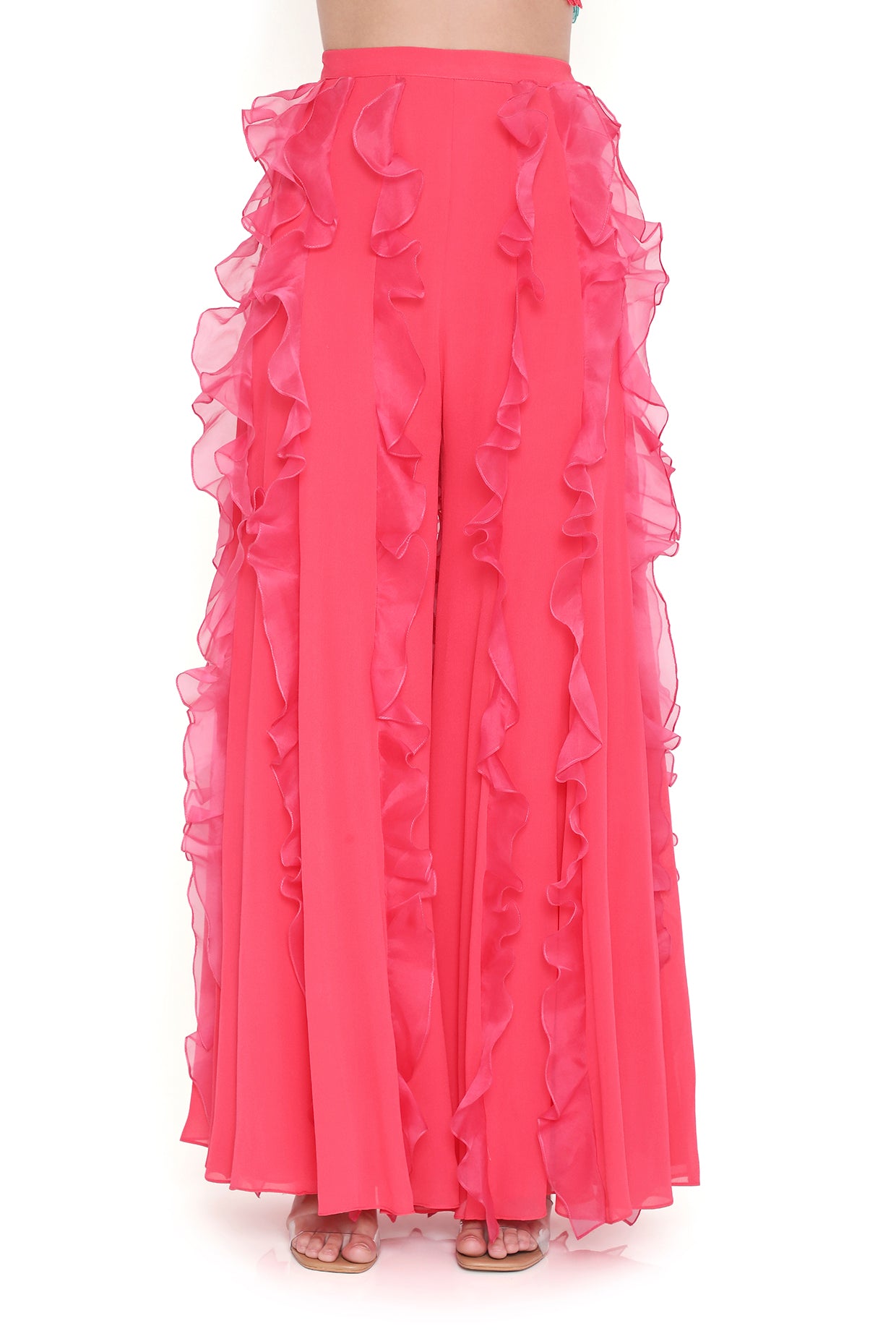 Rosetta Coral 3D Floral Embroidered One Shoulder Choli And Coral Sharara With Hot Pink Ruffles