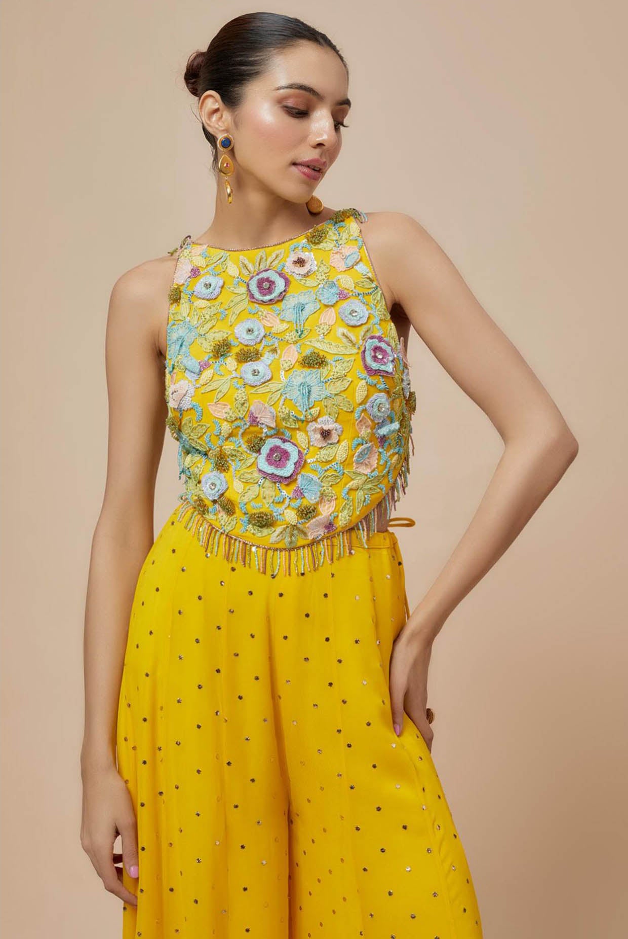 Lime Yellow Embroidered Back Tie-Up Choli And Sharara