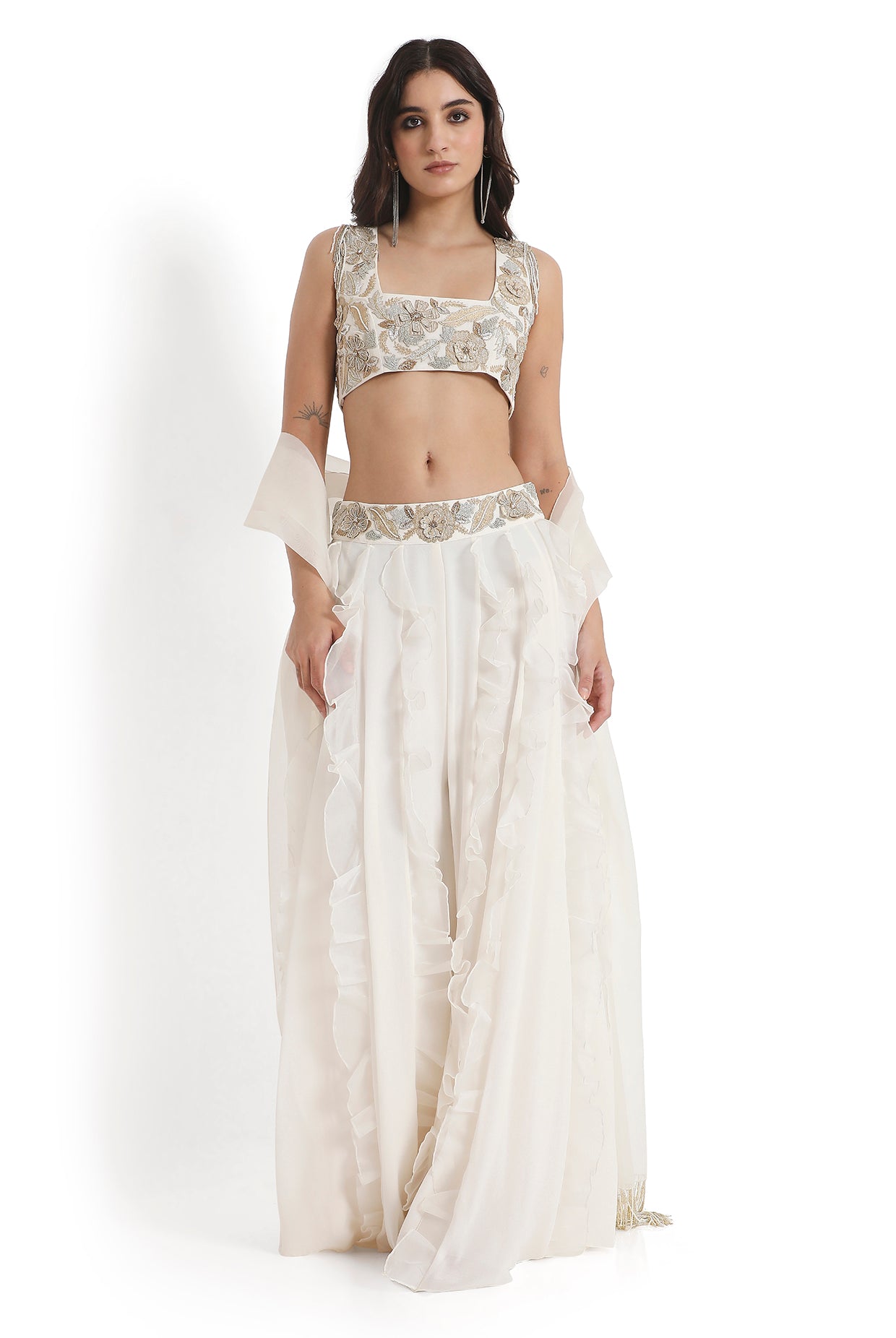 Off-White Embroidered Back Tie-Up Choli And Ruffled Sharara With Dupatta