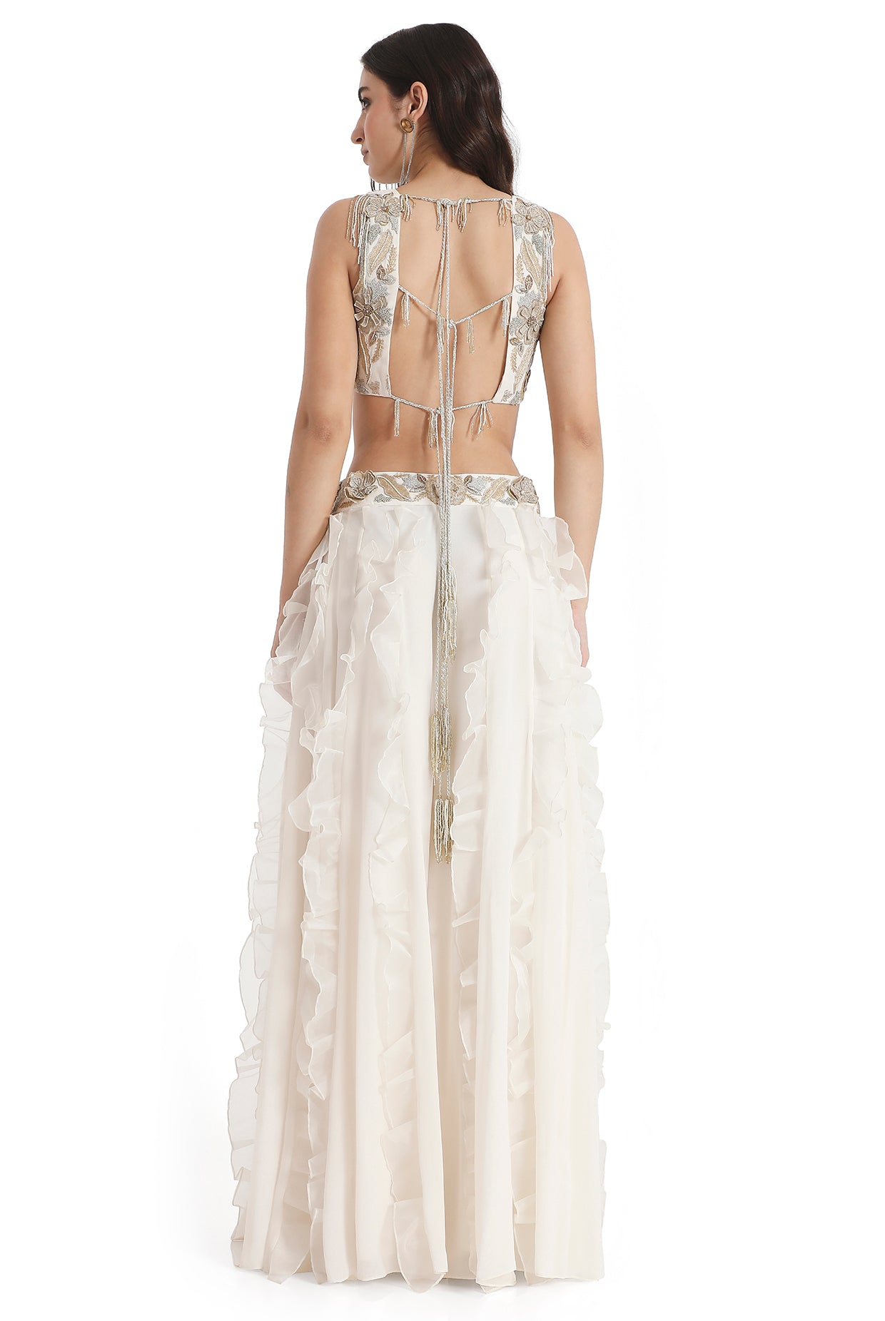 Off-White Embroidered Back Tie-Up Choli And Ruffled Sharara With Dupatta