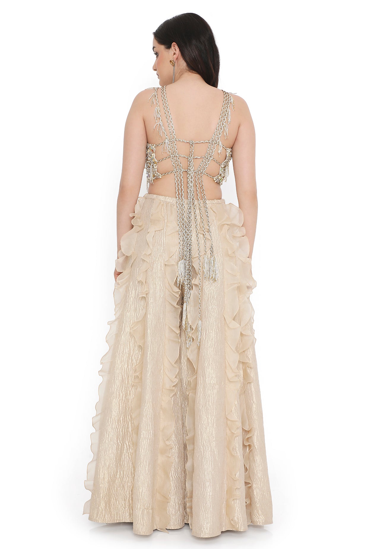 Off White Georgette Embroidered Choli And Gold Tissue Frill Sharara