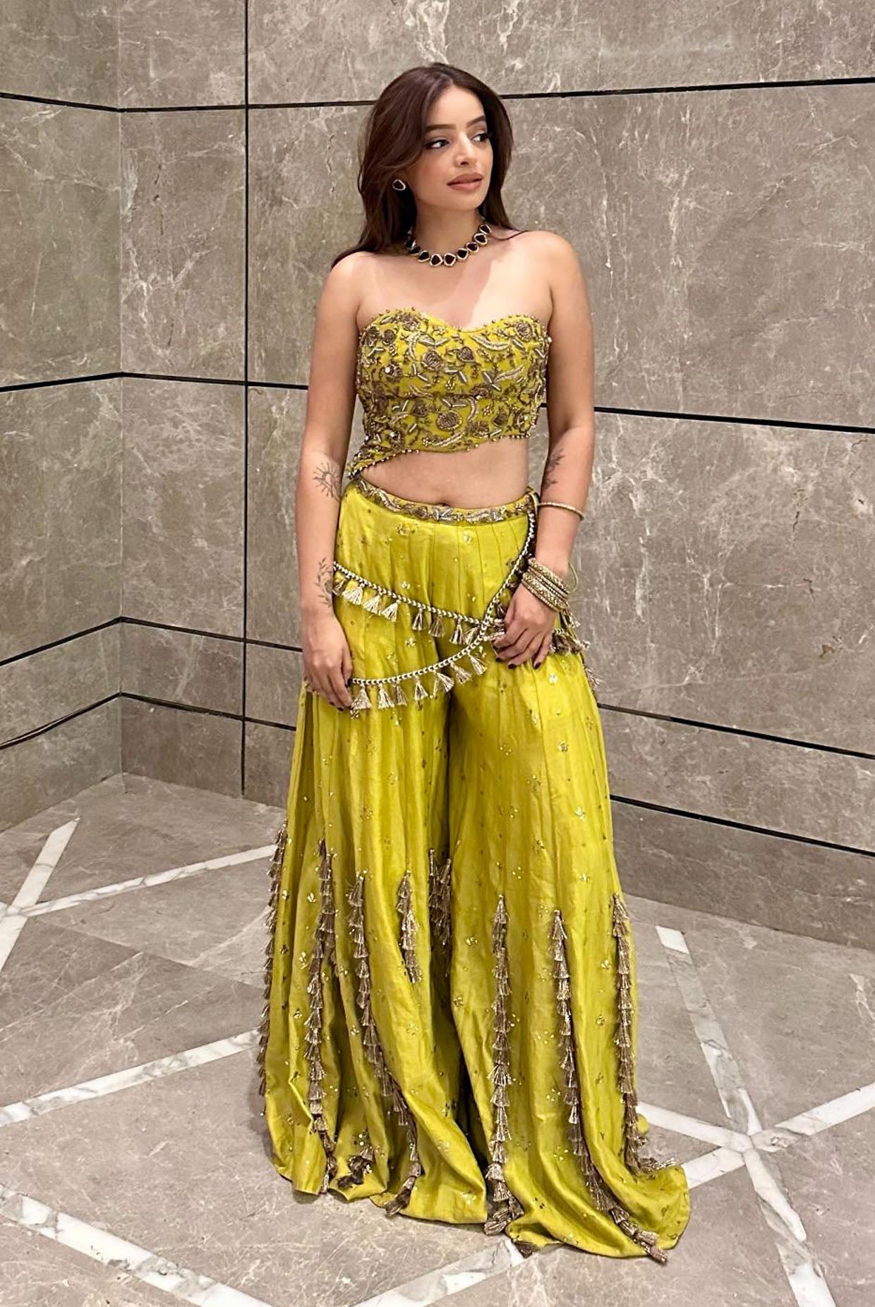 Nissa Lime Yellow Embroidered Choli With Sharara