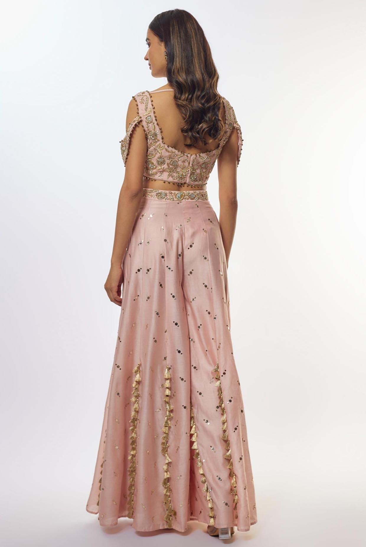 Rose Pink Embroidered Choli With Baju Band And Sharara With Dupatta