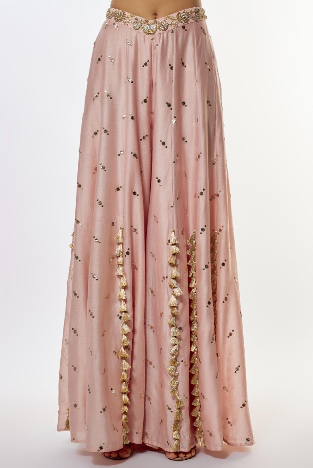 Rose Pink Embroidered Choli With Baju Band And Sharara With Dupatta