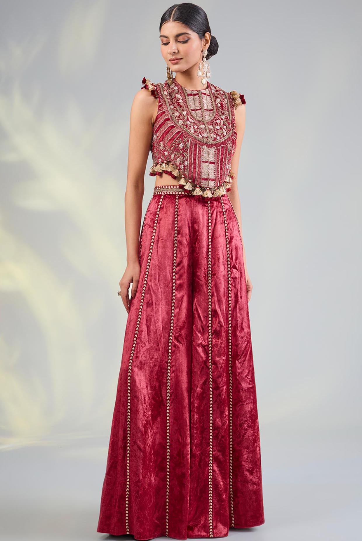 Dark Red Embroidered Choli With Sharara