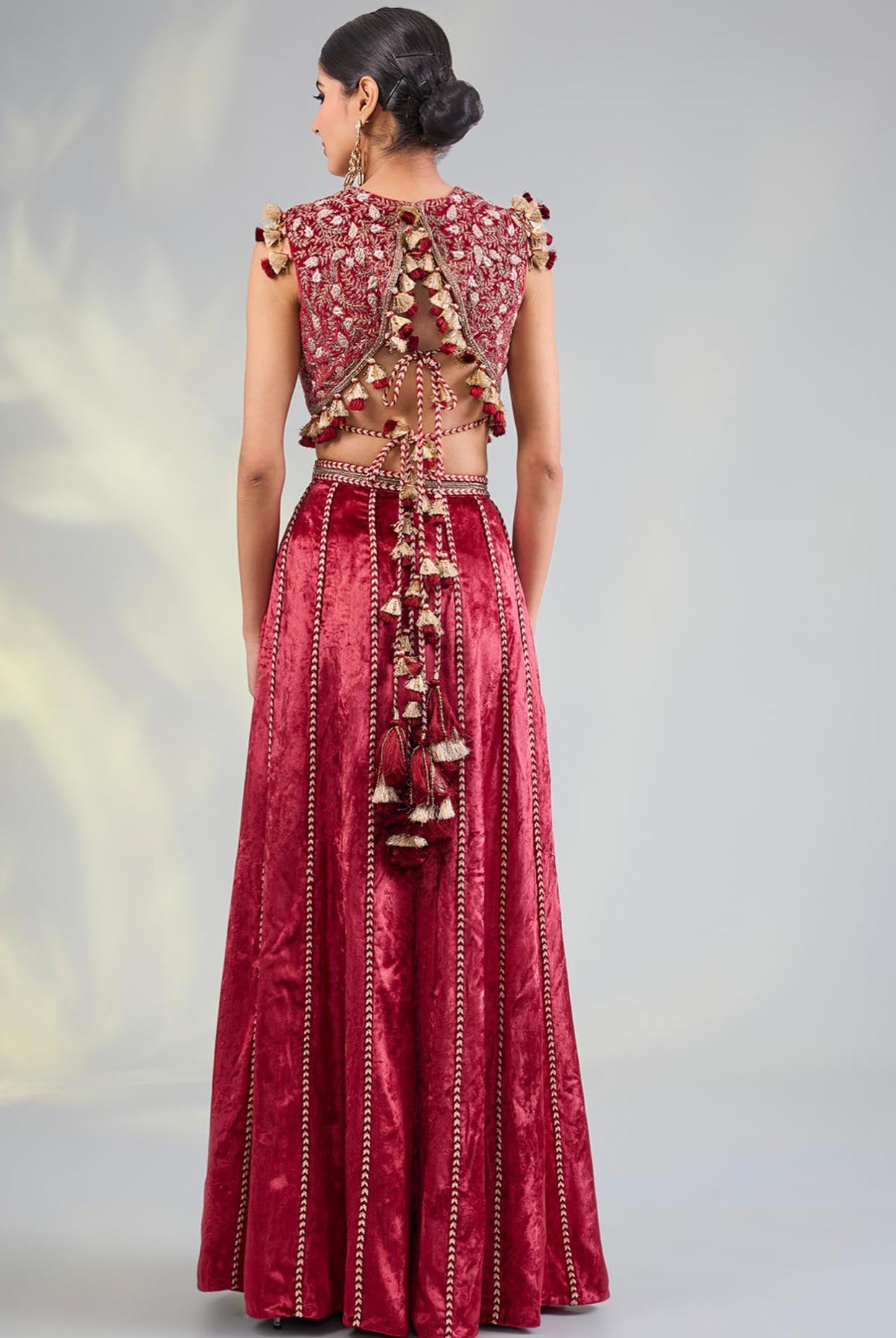 Dark Red Embroidered Choli With Sharara
