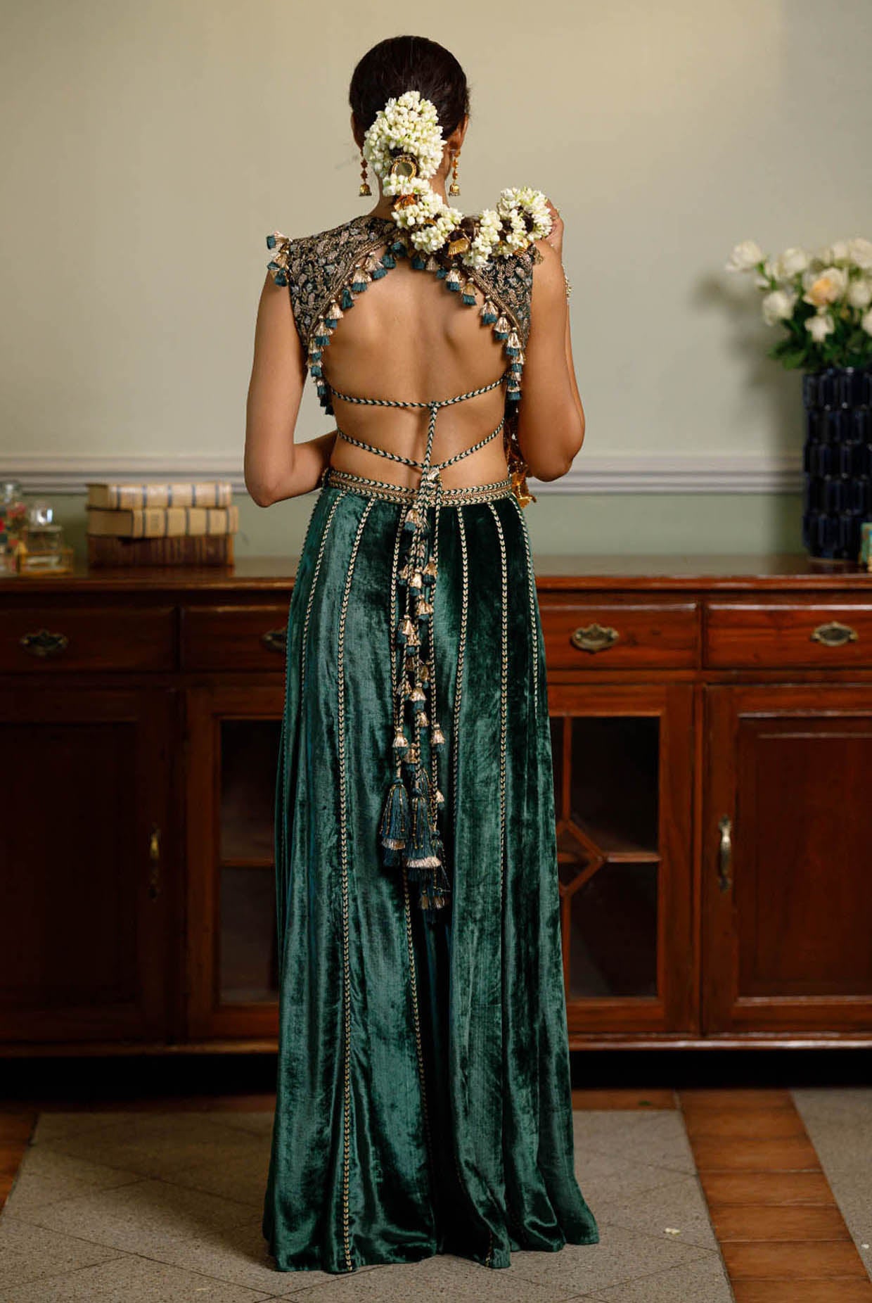Benazir Emerald Green Embroidered Back Tie-Up Choli And Sharara Pant