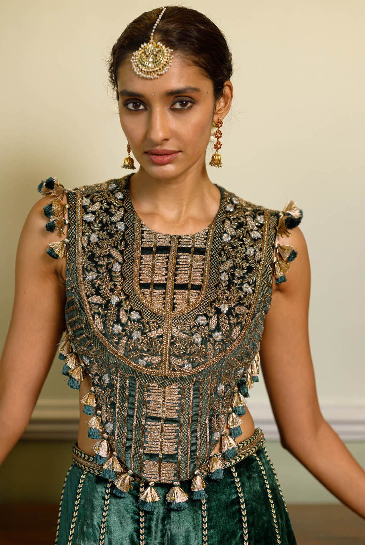 Benazir Emerald Green Embroidered Back Tie-Up Choli And Sharara Pant