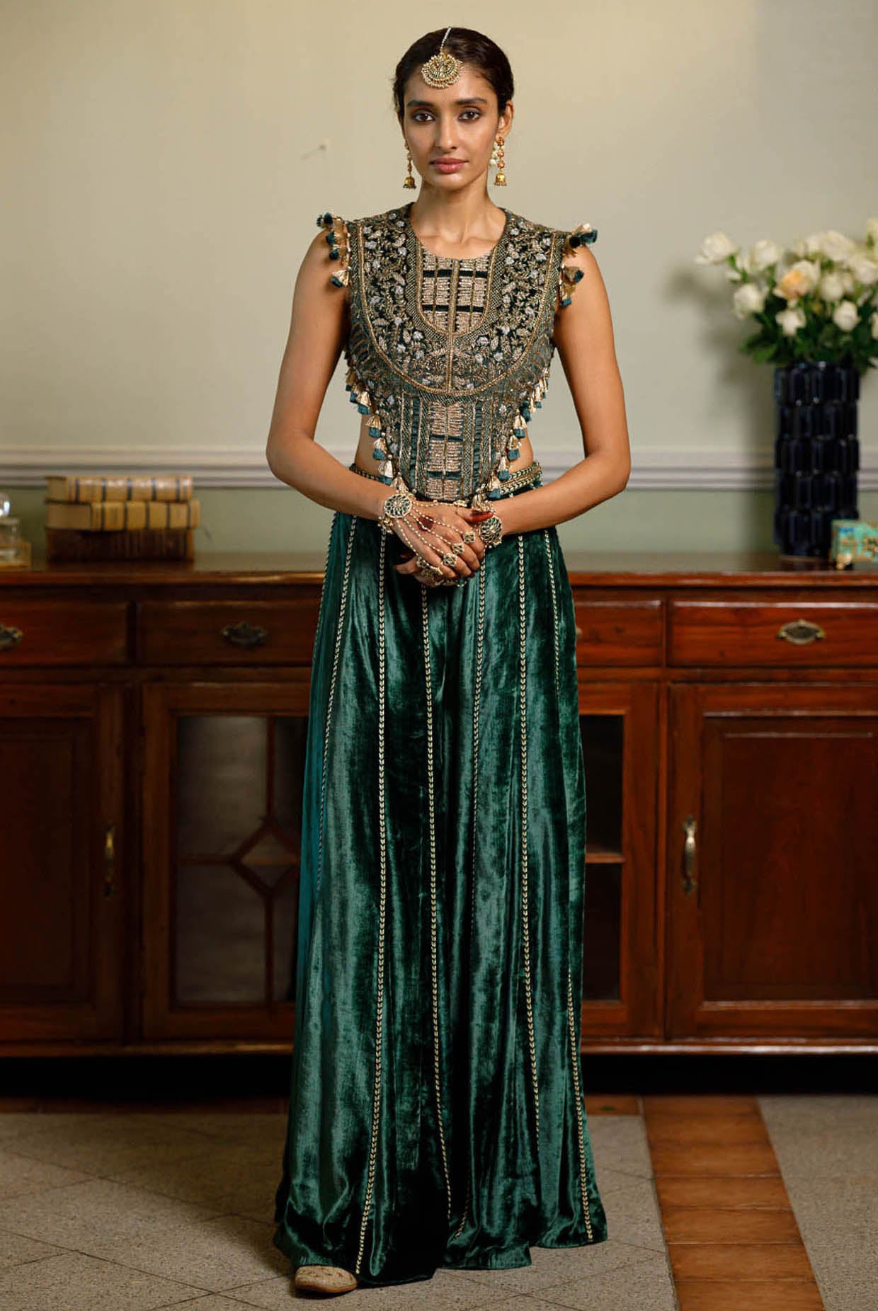 Benazir Emerald Green Embroidered Back Tie-Up Choli And Sharara Pant