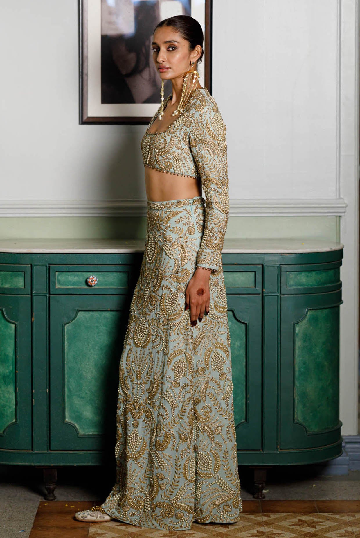 Soha Mint Embroidered Choli And Skirt