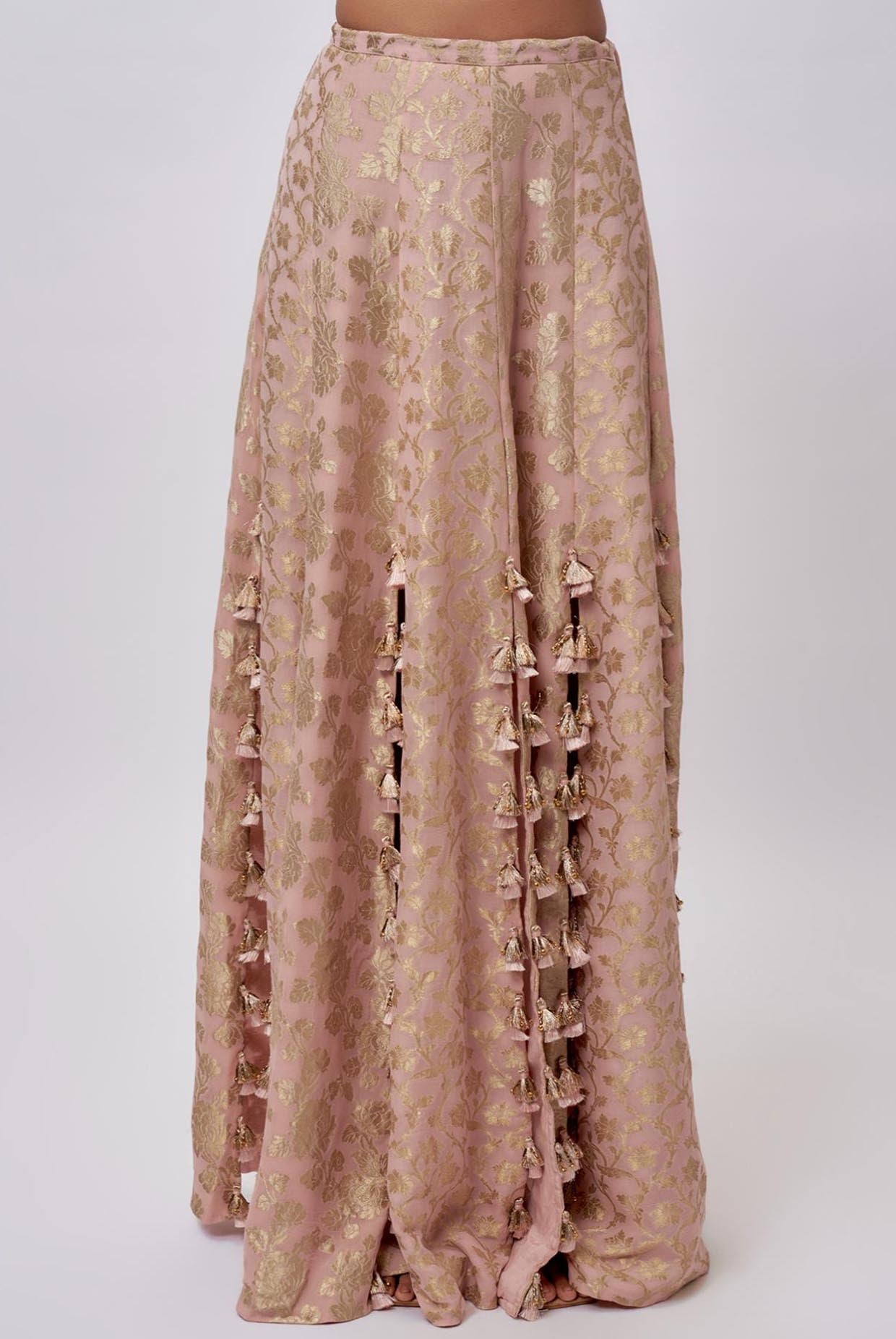Blush Pink Velvet Embroidered Yoke Bib With Brocade Silk Bustier And Skirt.
