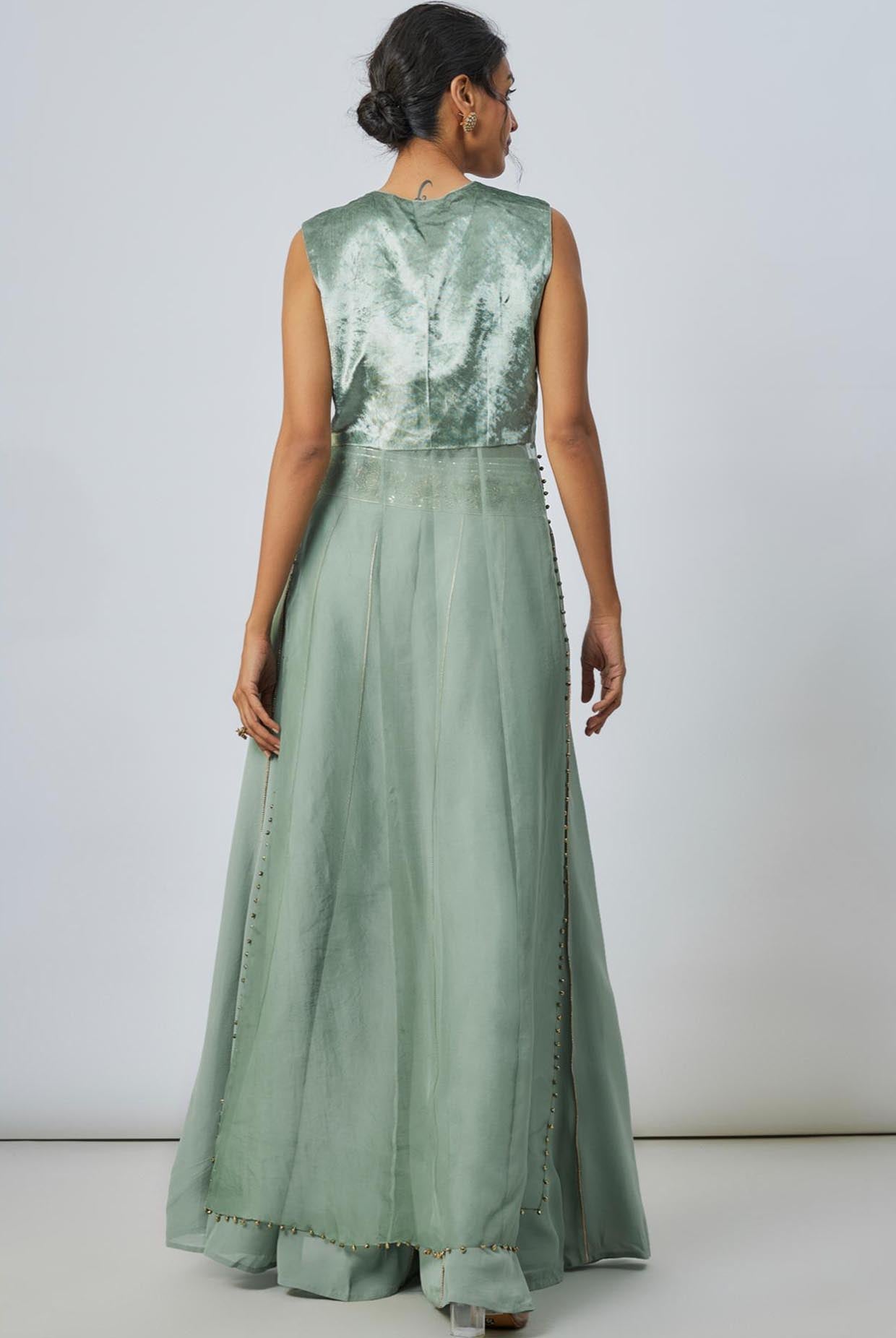 Seafoam High Low Embroidered Choli With Embroidered Sharara