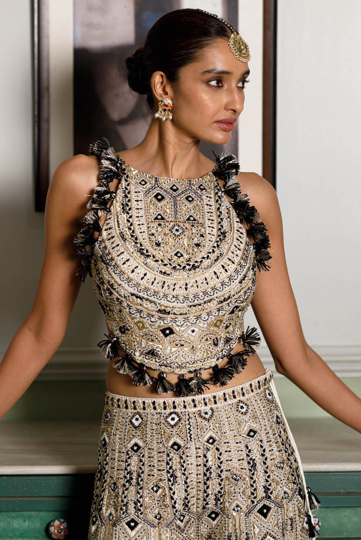 Off White Embroidered Back Tie-Up Choli And Sharara