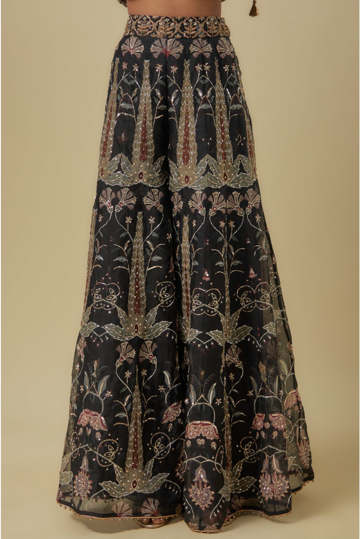 Black Georgette Embroidered Off-Shoulder Corset With Black Forest Whisper Print Organza Lifted Sharara.