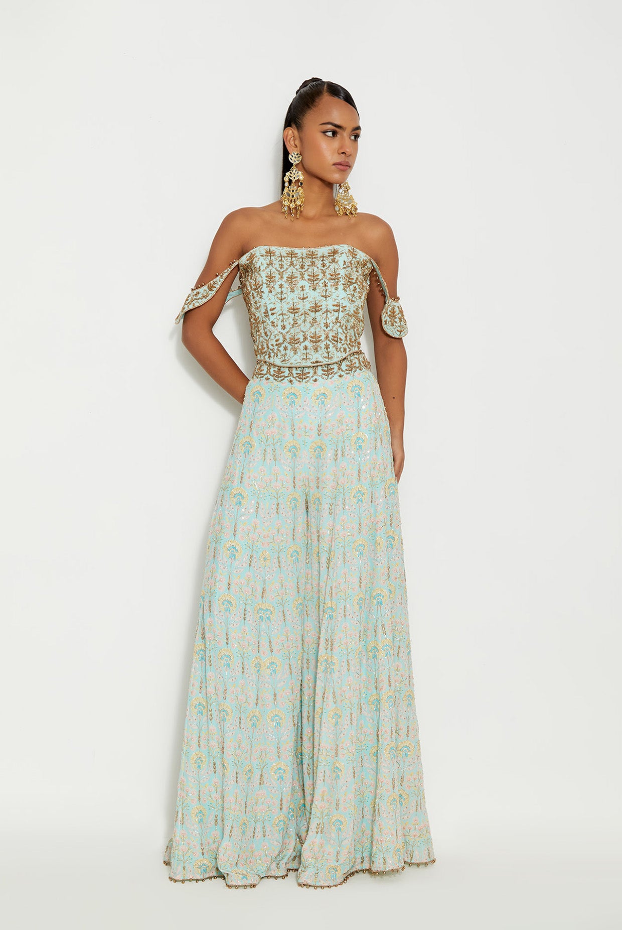 AFSANA AQUA EMBROIDERED OFF- SHOULDER CORSET WITH NISHAT BAGH PRINTED SHARARA