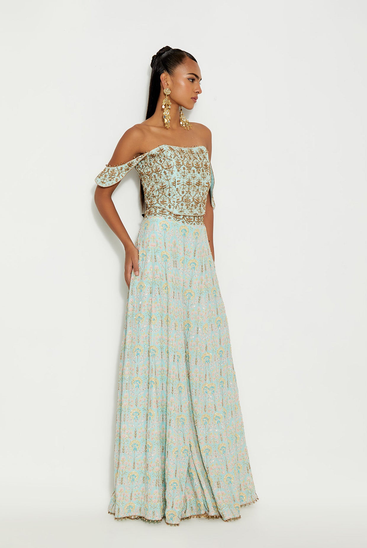 AFSANA AQUA EMBROIDERED OFF- SHOULDER CORSET WITH NISHAT BAGH PRINTED SHARARA