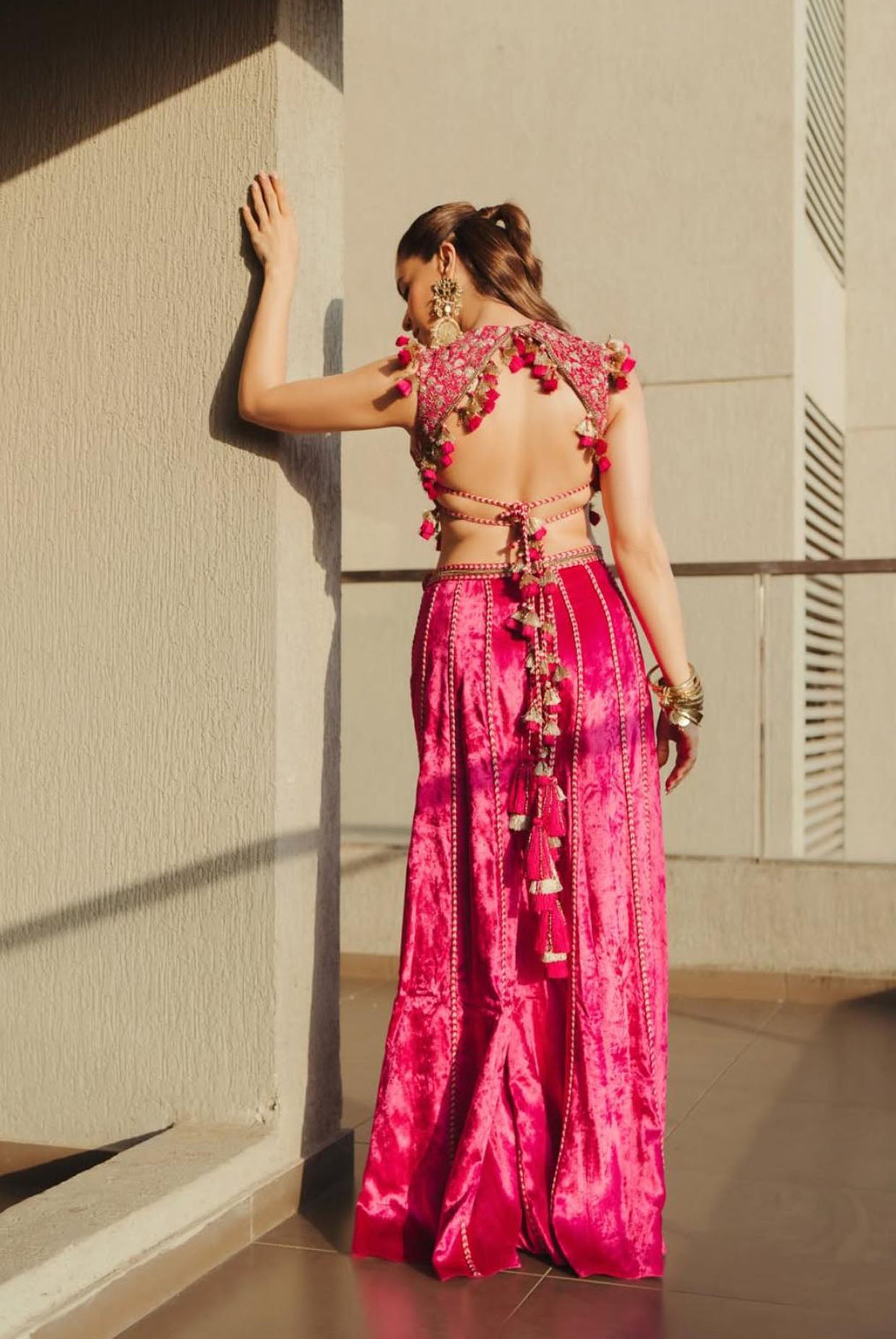 Hot Pink Embroidered Choli With Sharara