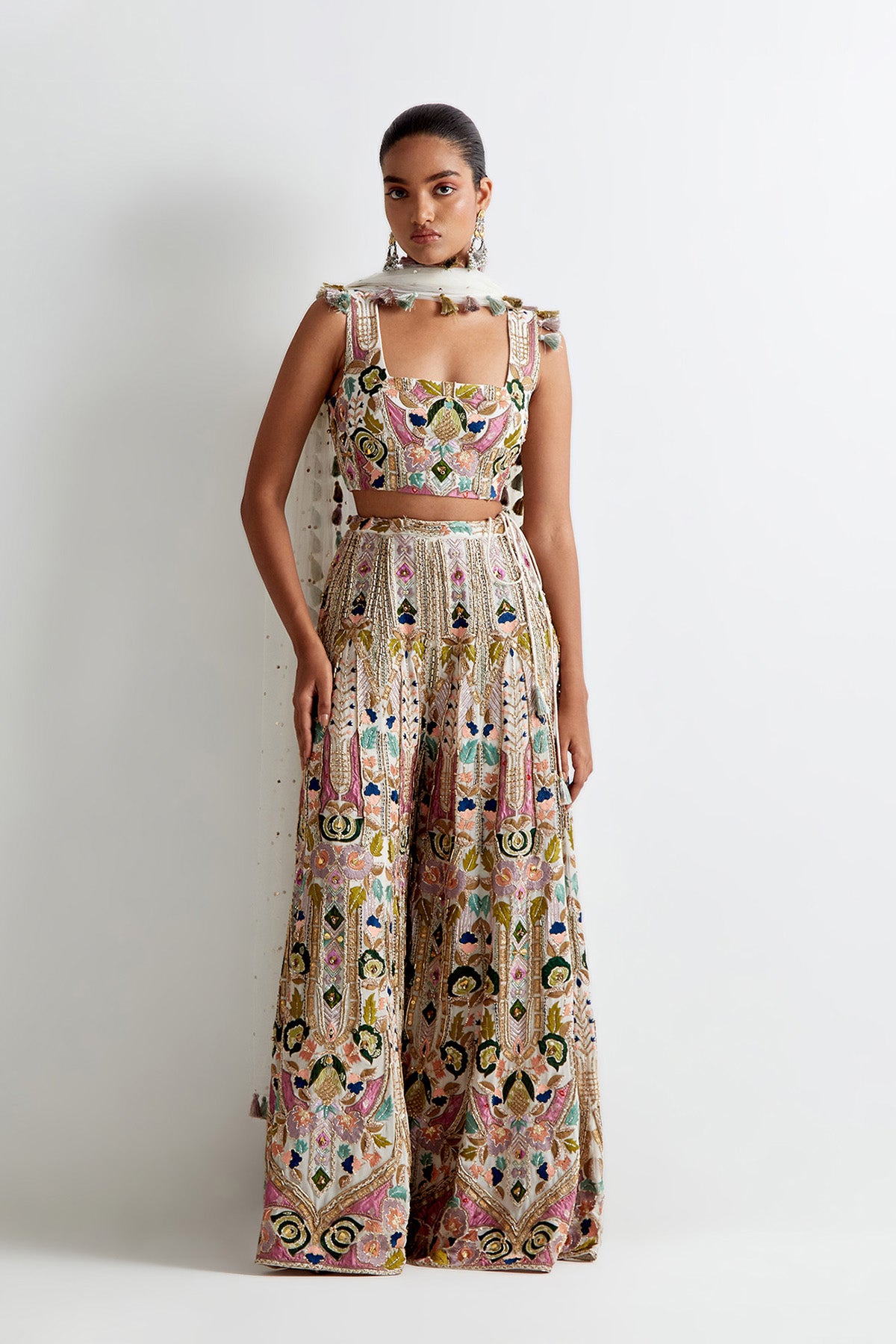 Offwhite Georgette Embroidered Choli And Sharara With Mukaish Net Dupatta