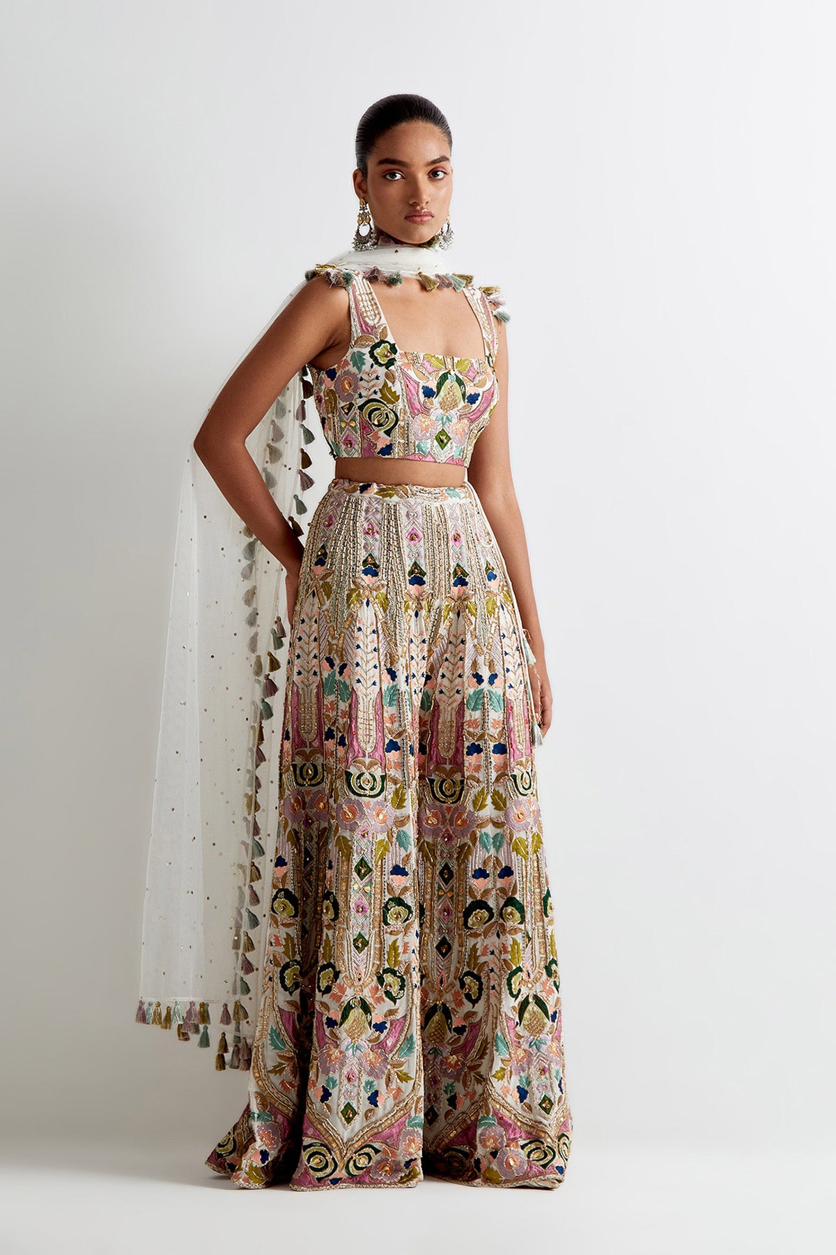 Offwhite Georgette Embroidered Choli And Sharara With Mukaish Net Dupatta