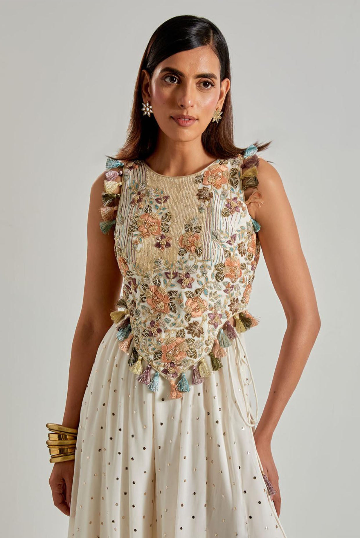 Off-White Choli with Covered Back & Mukaish Sharara