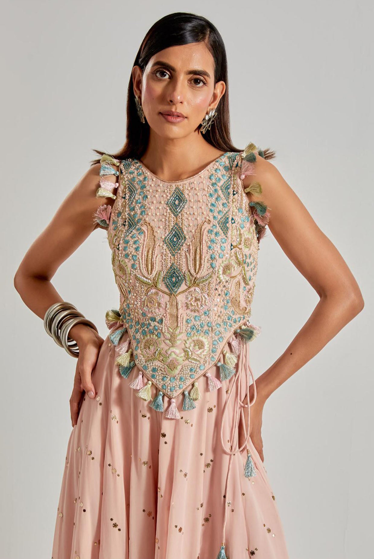 Peachy Pink Choli with Covered Back & Georgette Sharara