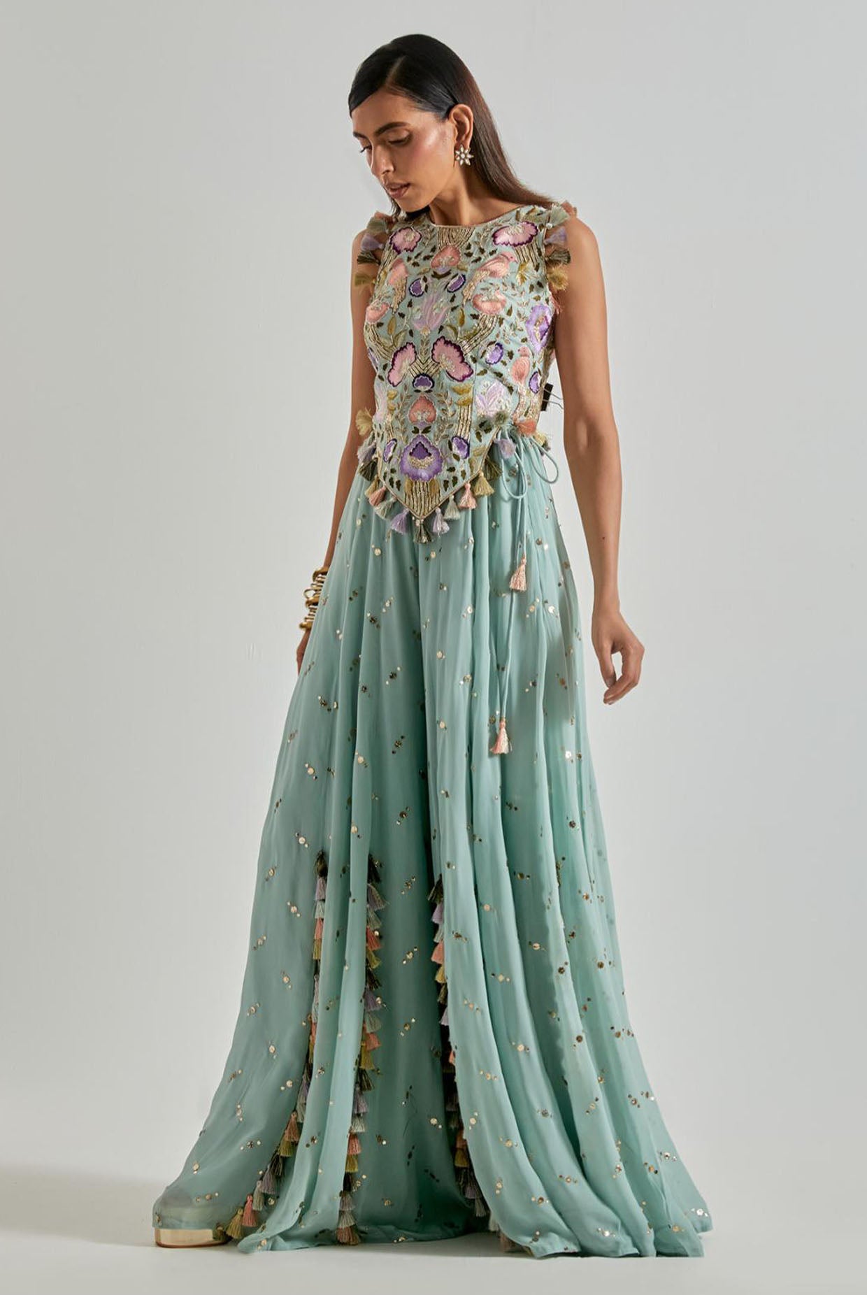 Seafoam Choli with Covered Back & Georgette Sharara