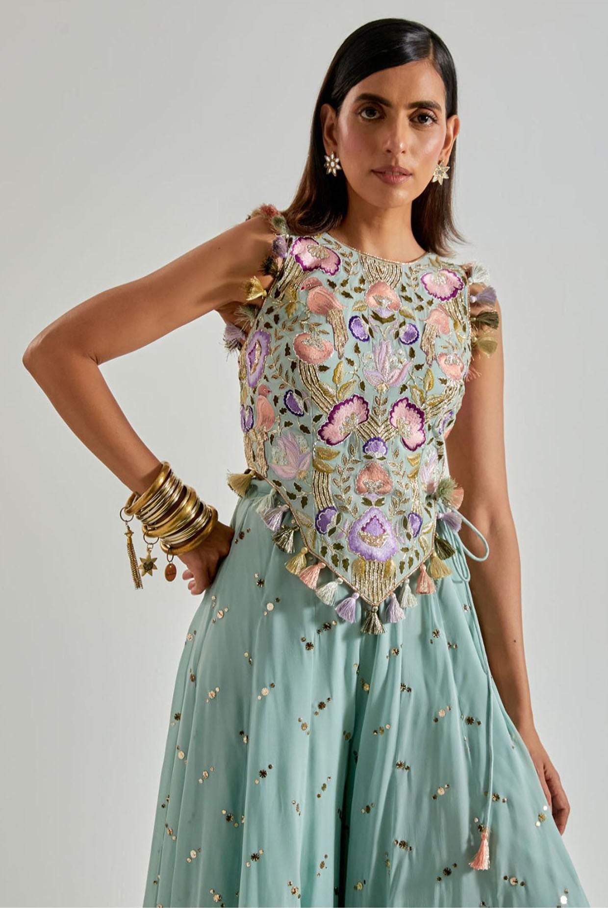 Seafoam Choli with Covered Back & Georgette Sharara