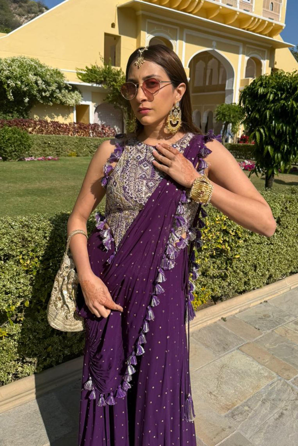 Purple Georgette Embroidered Choli And Sharara With Attached Pallu