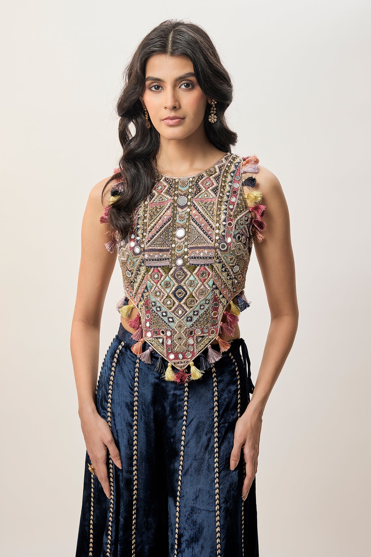 Yasmin Navy Blue Georgette Half Back Covered Embroidered Choli And Velvet Sharara