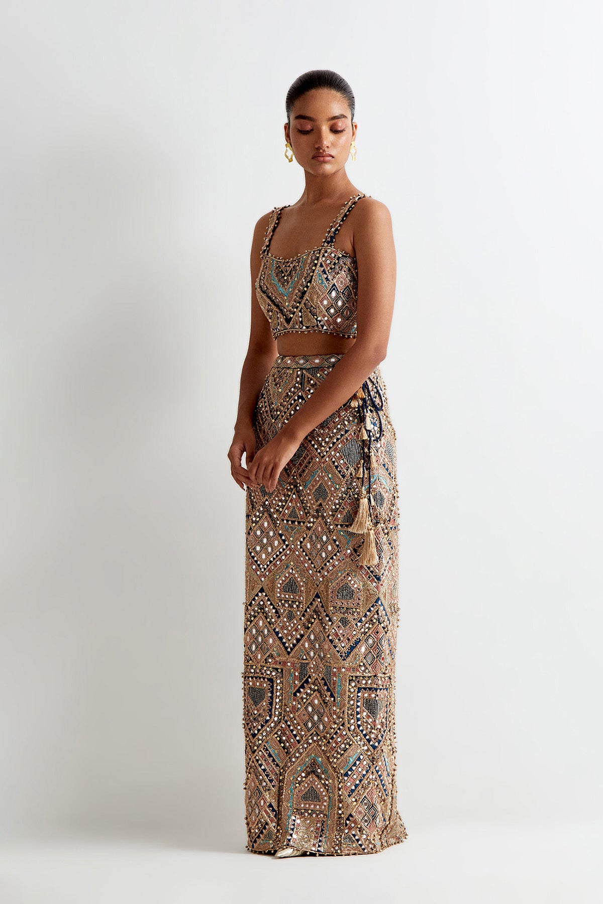 Navy Blue Georgette Embroidered Choli And Straight Fit Skirt