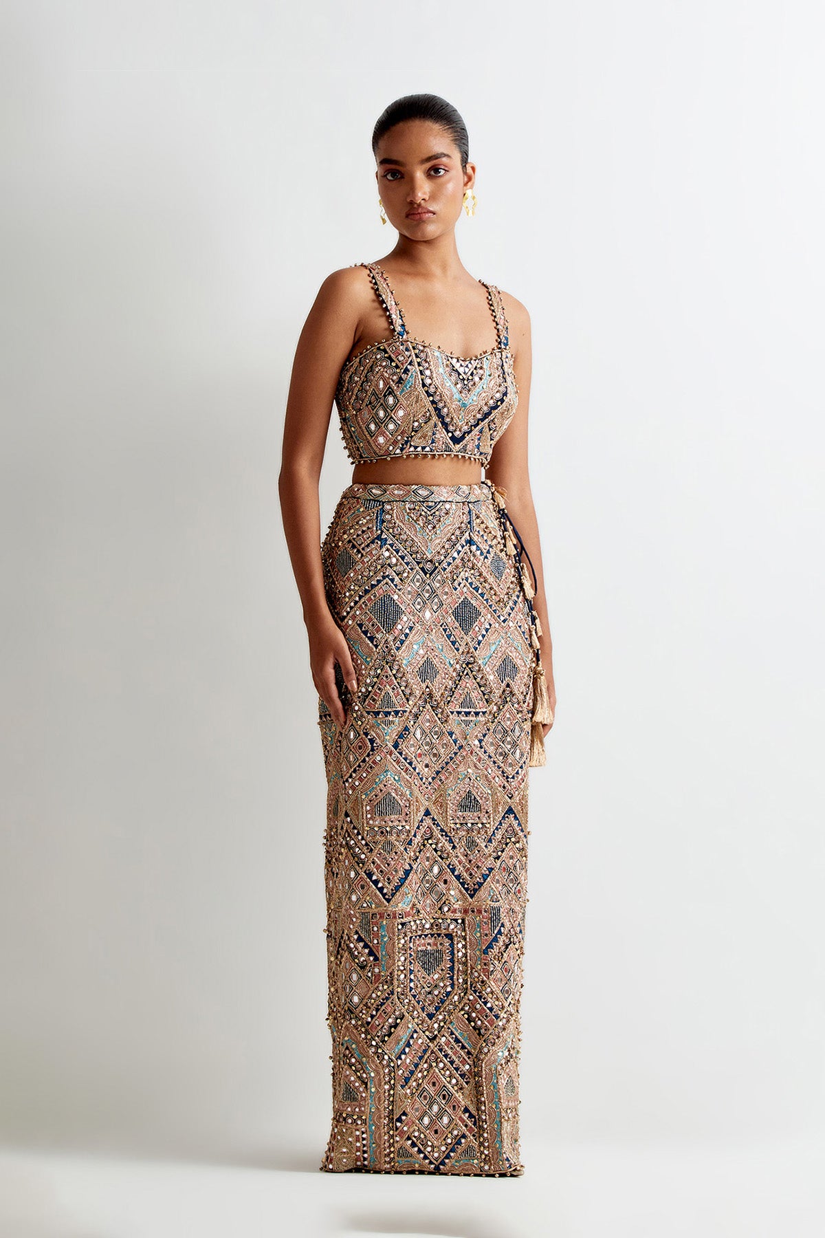Navy Blue Georgette Embroidered Choli And Straight Fit Skirt
